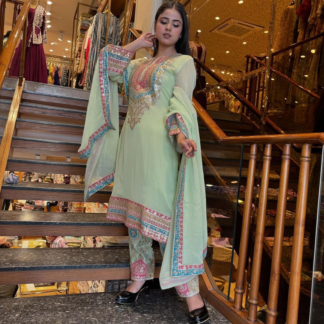 Stunning Pista Green Embroidery Work Salwar Suit