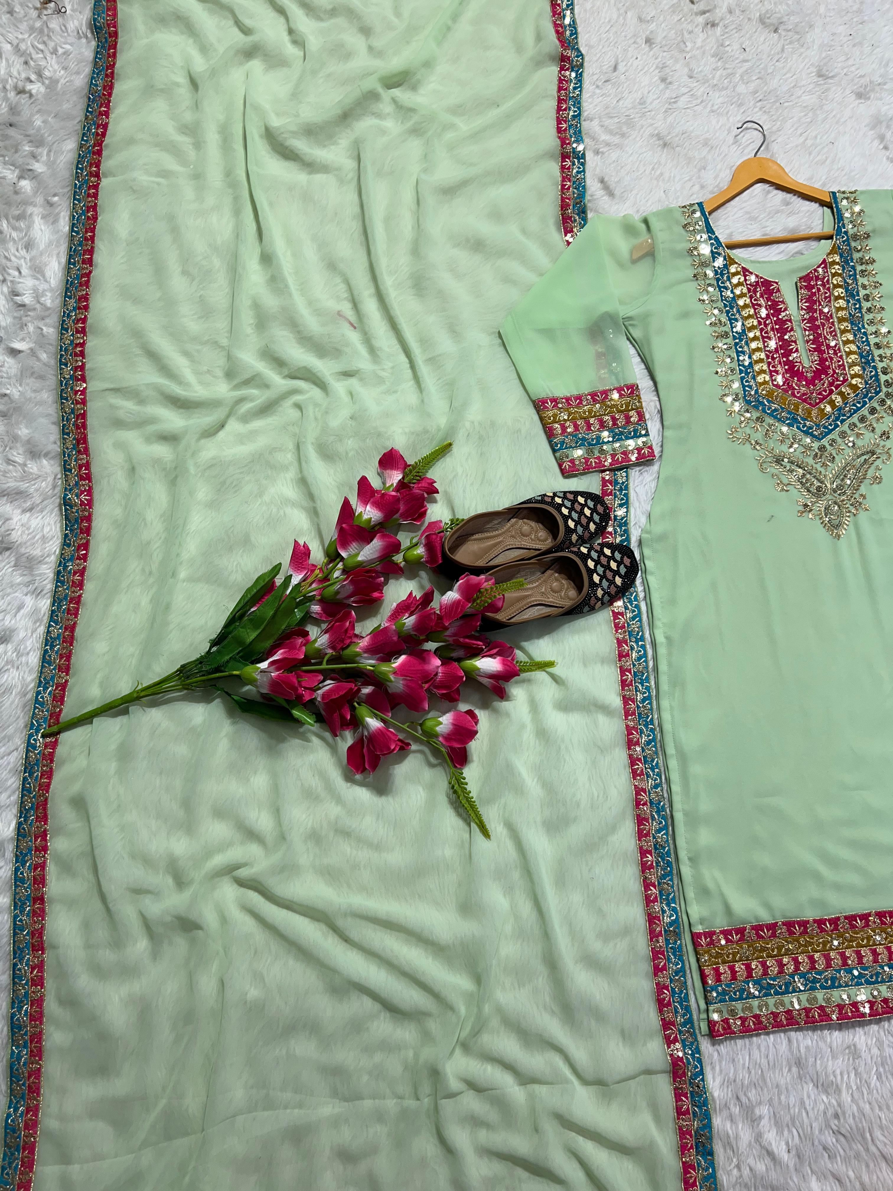 Stunning Pista Green Embroidery Work Salwar Suit