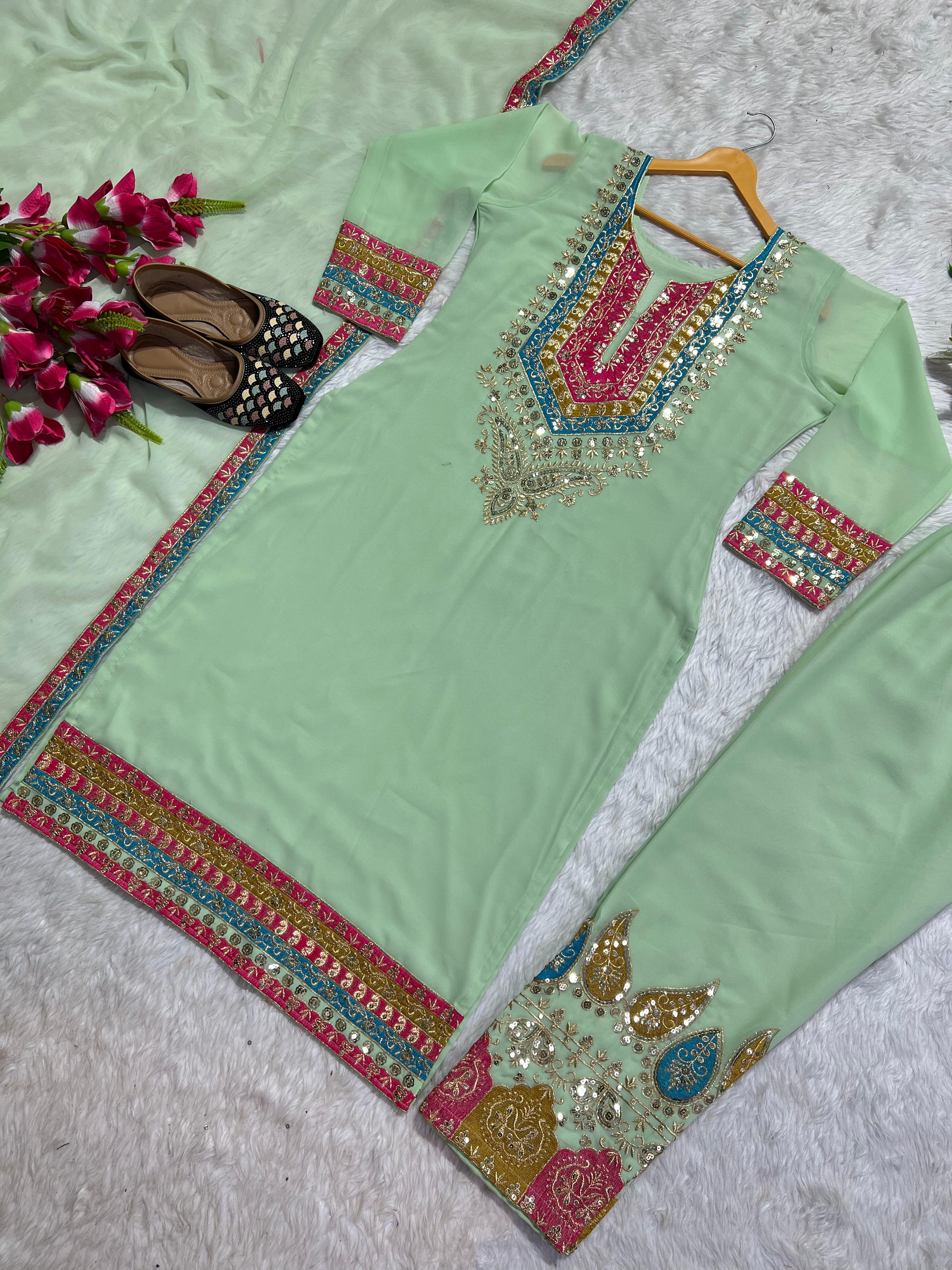 Stunning Pista Green Embroidery Work Salwar Suit