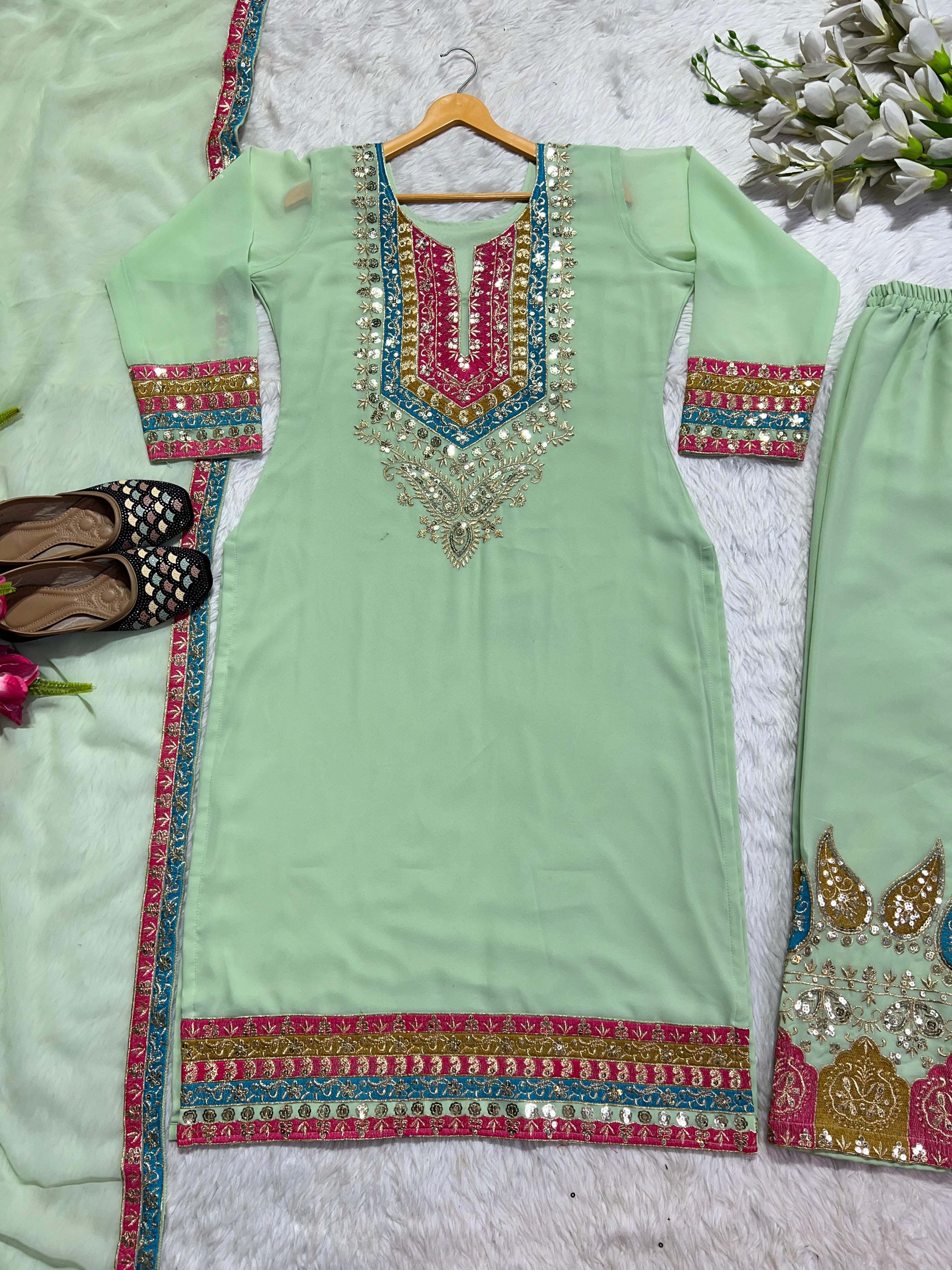 Stunning Pista Green Embroidery Work Salwar Suit