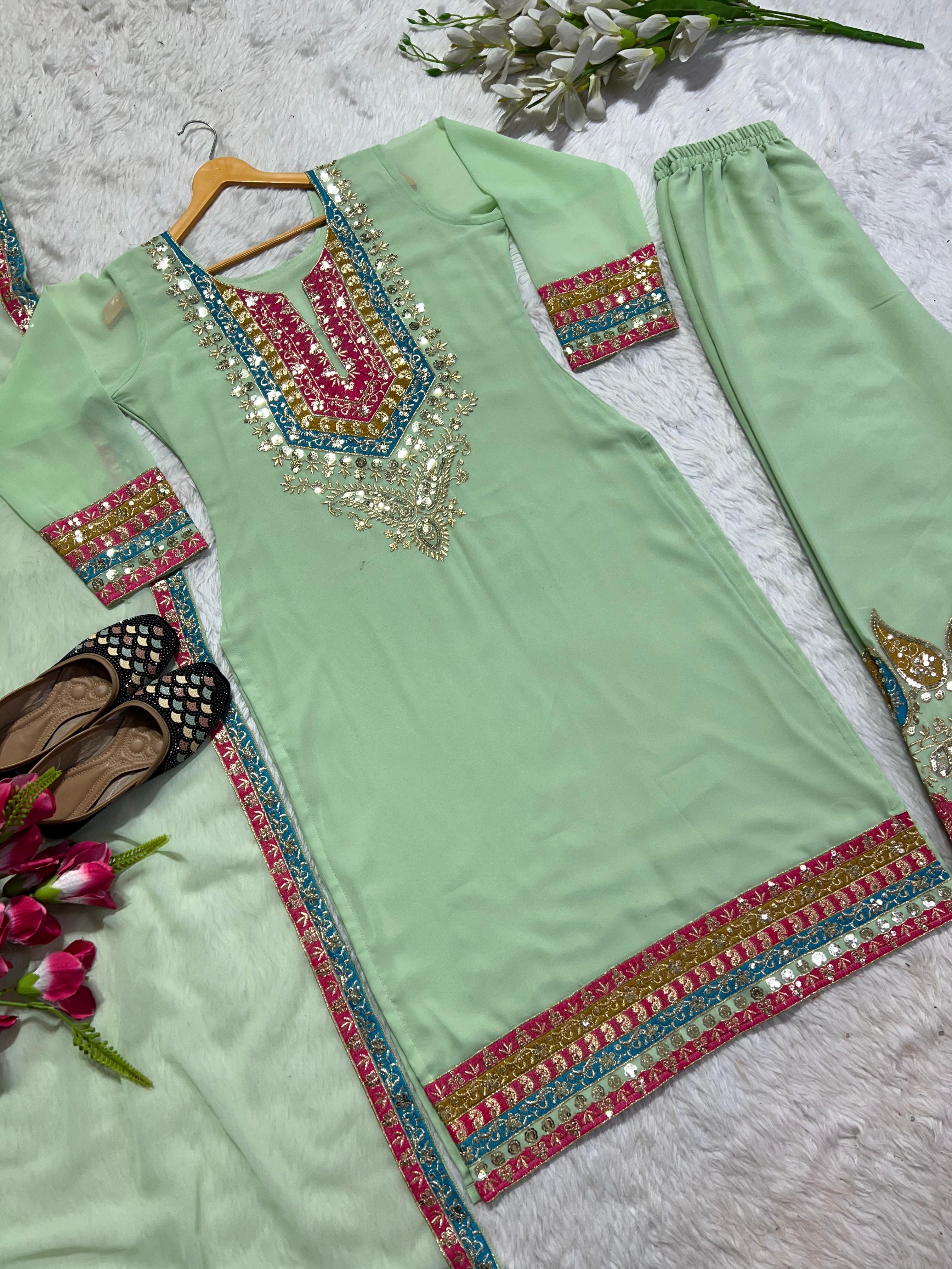 Stunning Pista Green Embroidery Work Salwar Suit