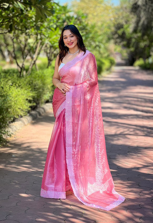 Swarovski Diamond Cutwork Peach Color Saree