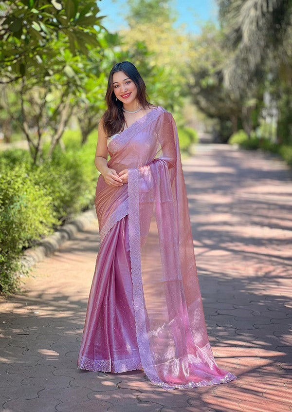 Swarovski Diamond Cutwork Onion Color Saree