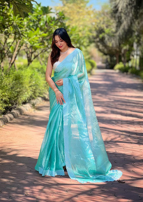 Swarovski Diamond Cutwork Aqua Green Color Saree