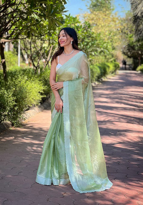 Swarovski Diamond Cutwork Pista Color Saree