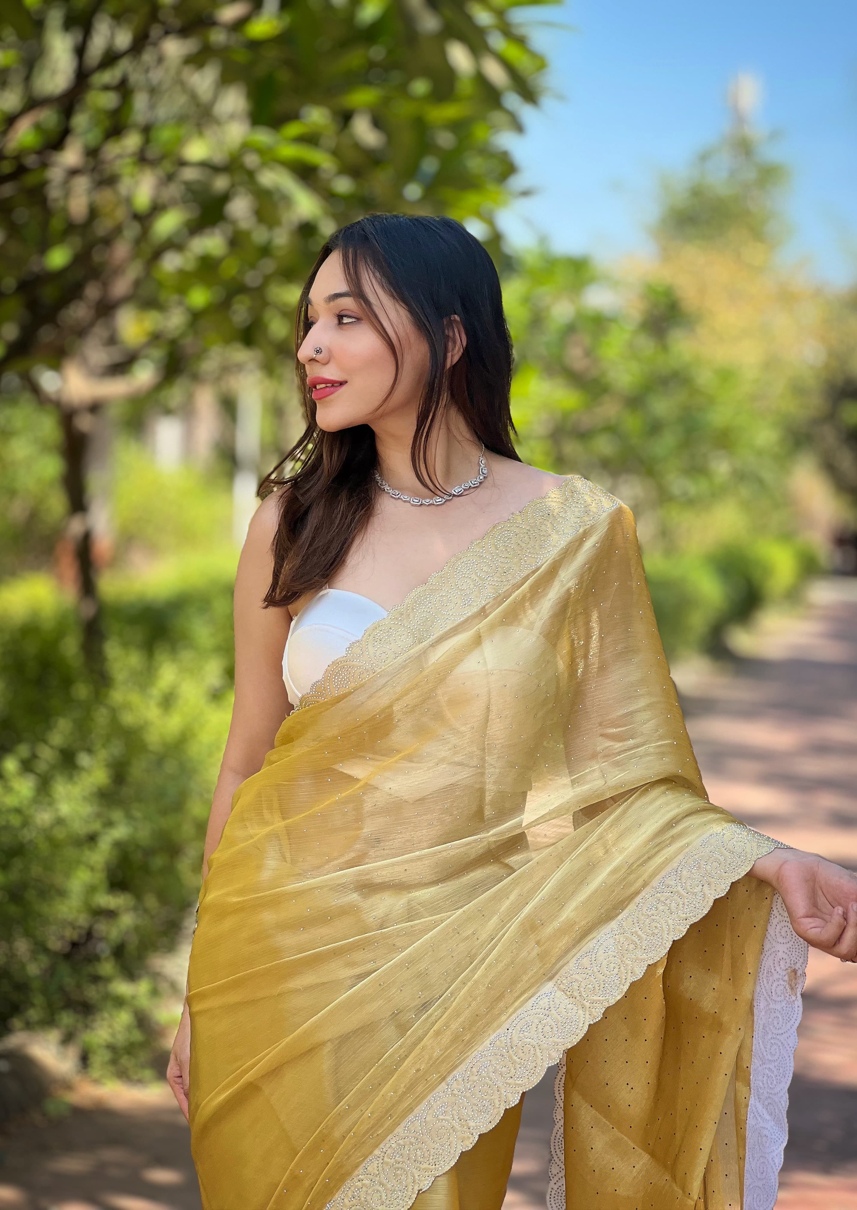 Swarovski Diamond Cutwork Mustard Color Saree