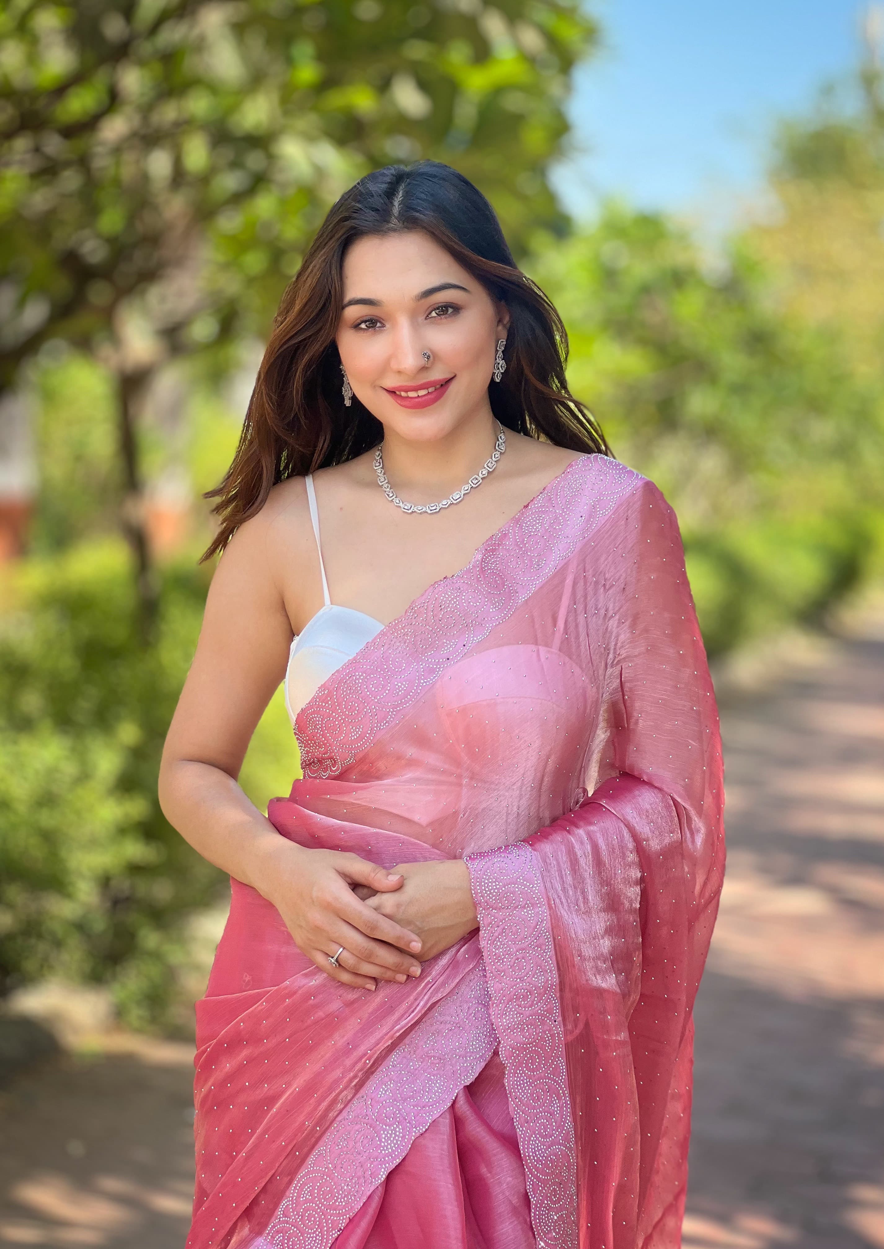 Swarovski Diamond Cutwork Peach Color Saree