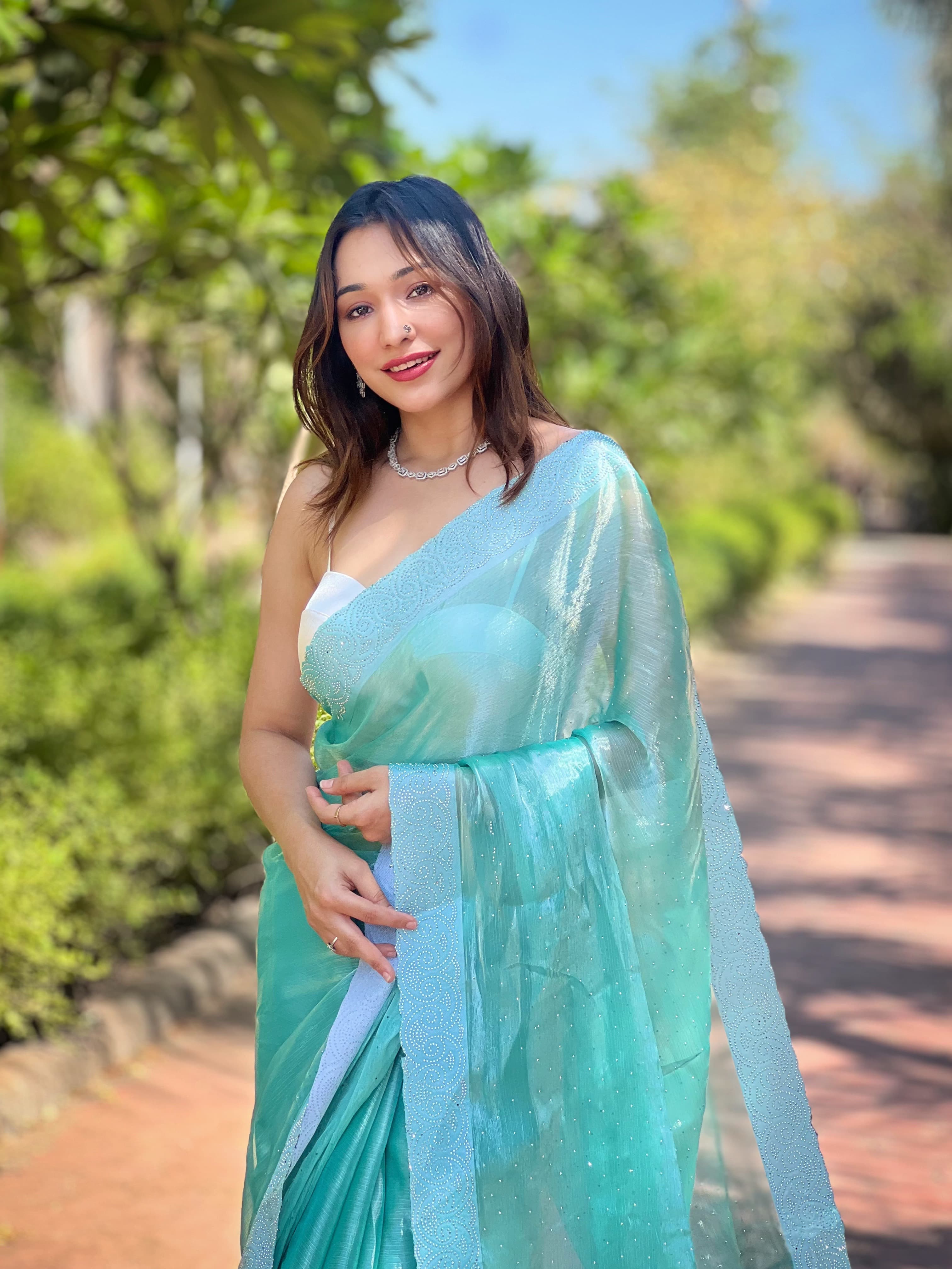 Swarovski Diamond Cutwork Aqua Green Color Saree