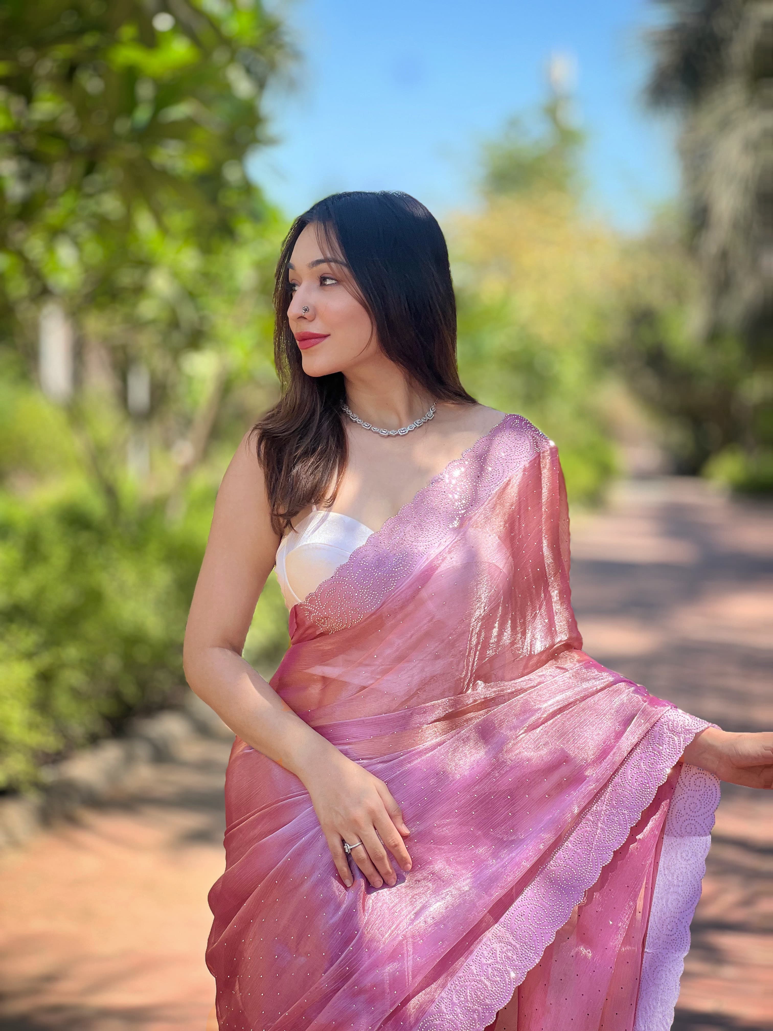 Swarovski Diamond Cutwork Onion Color Saree