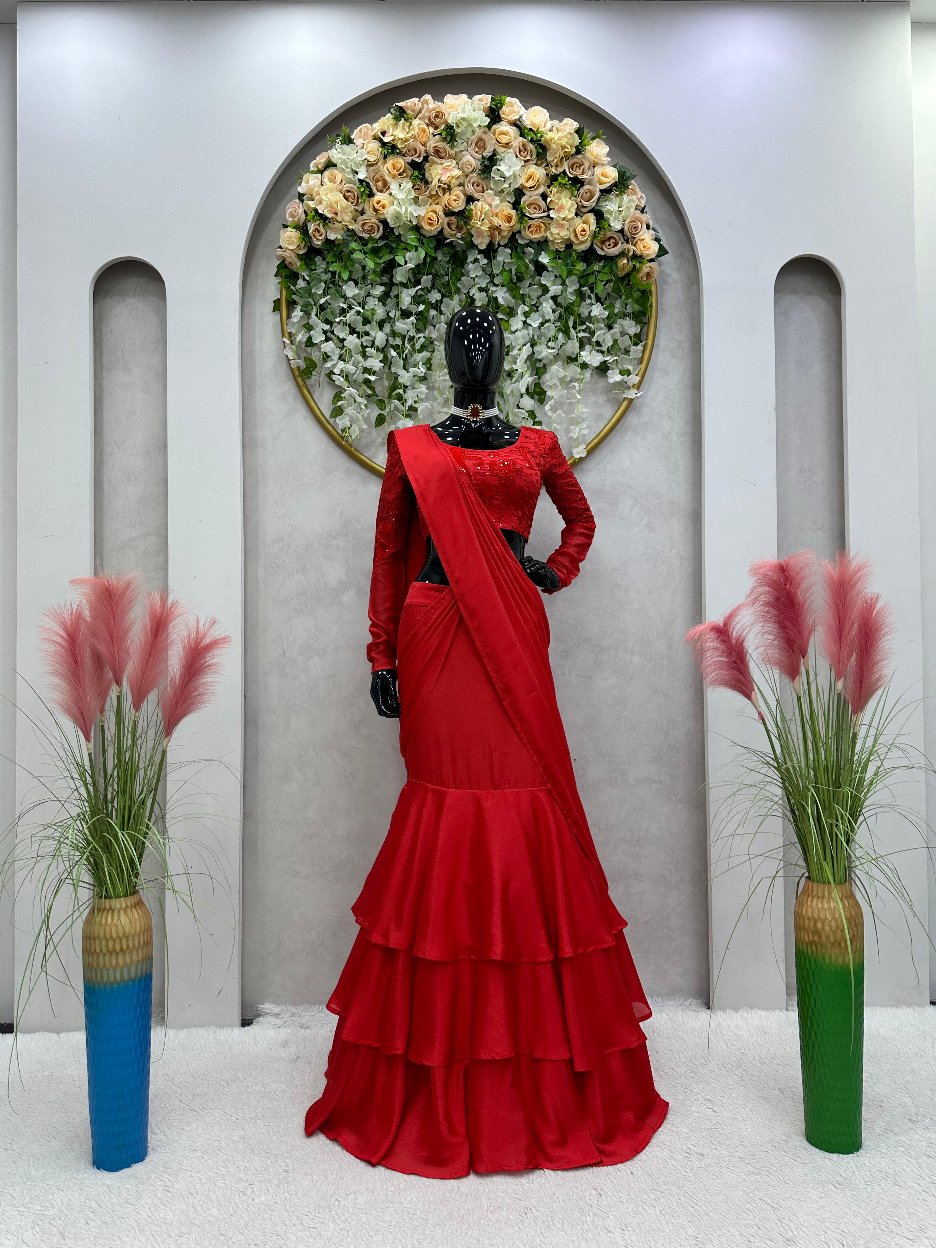 Stunning Red Color Ready To Wear Lehenga Saree