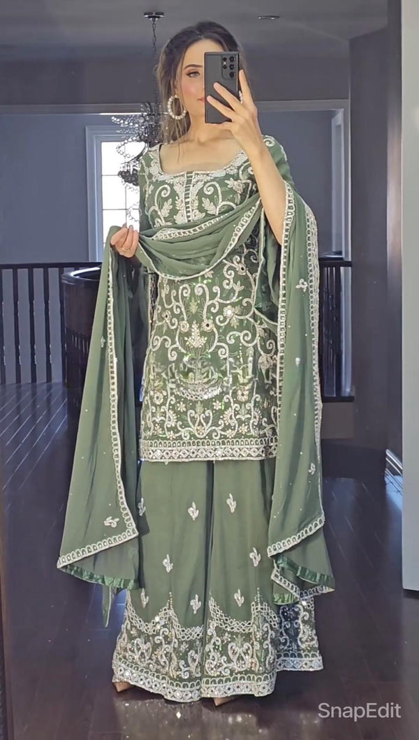 Mirror Hand Work Green Color Sharara Suit