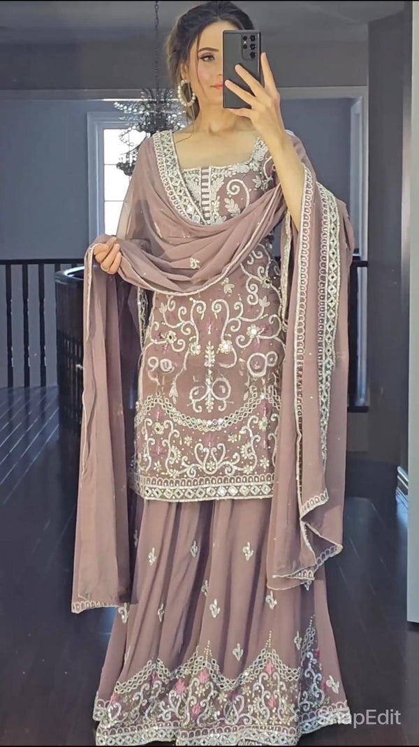 Mirror Hand Work Beige Color Sharara Suit