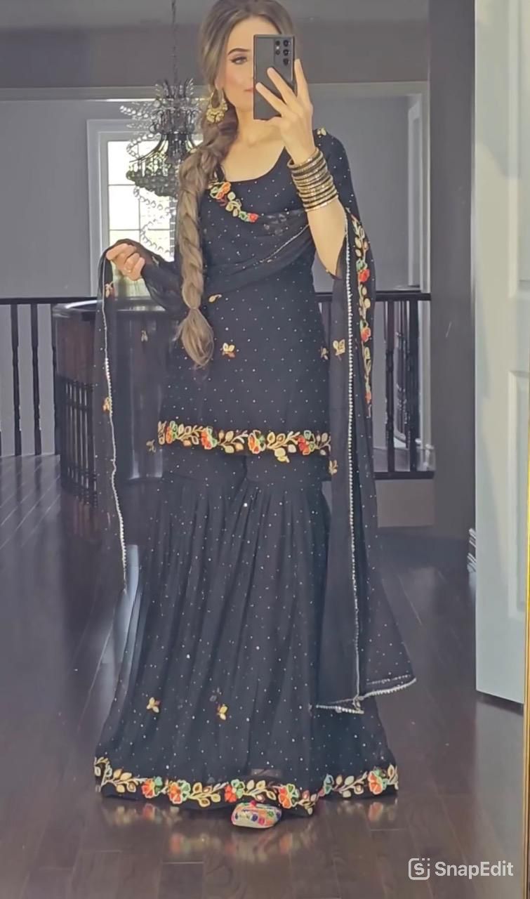 Opulent Black Color Multi Embroidery Work Sharara Suit