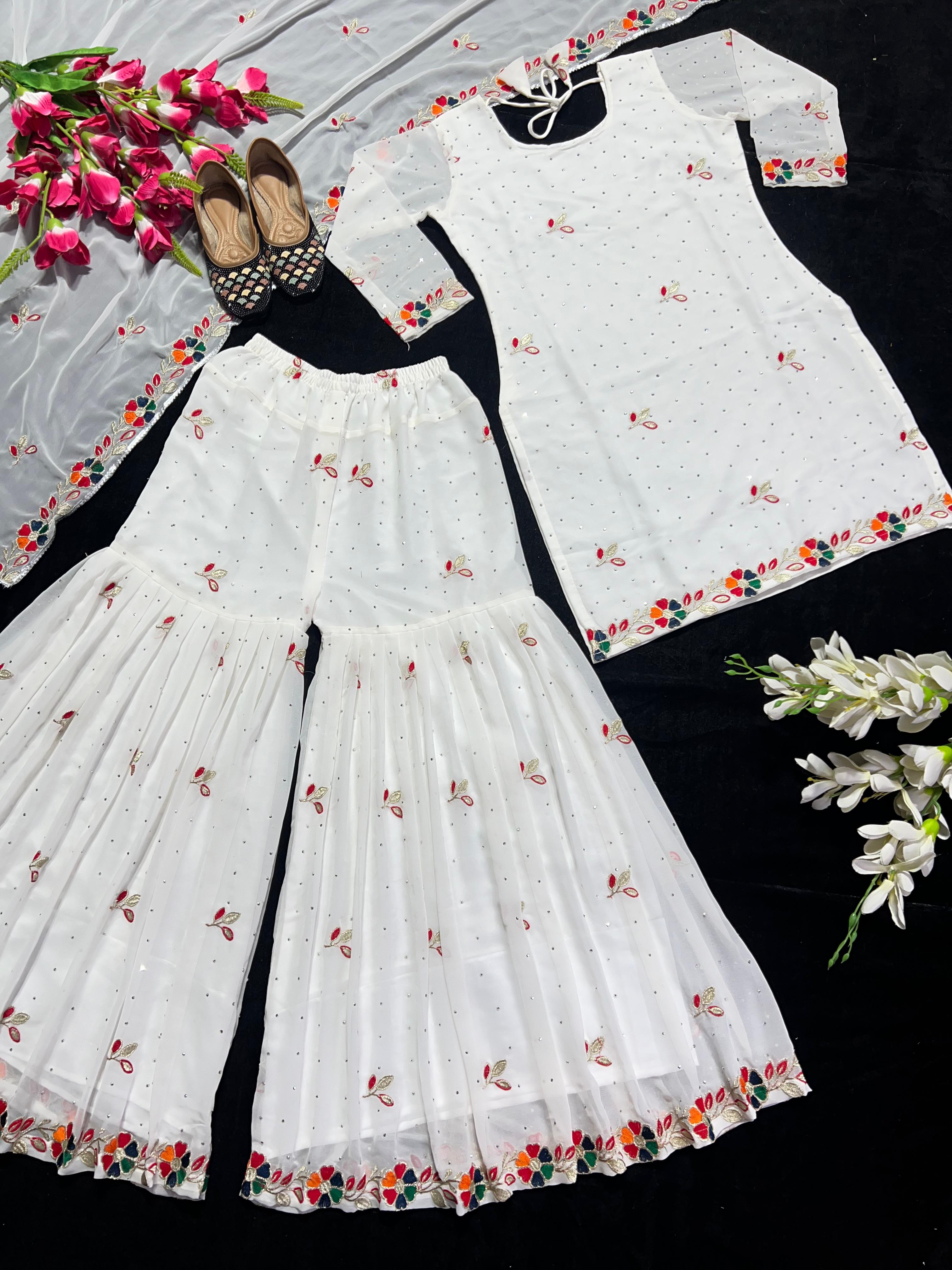 Opulent White Color Multi Embroidery Work Sharara Suit