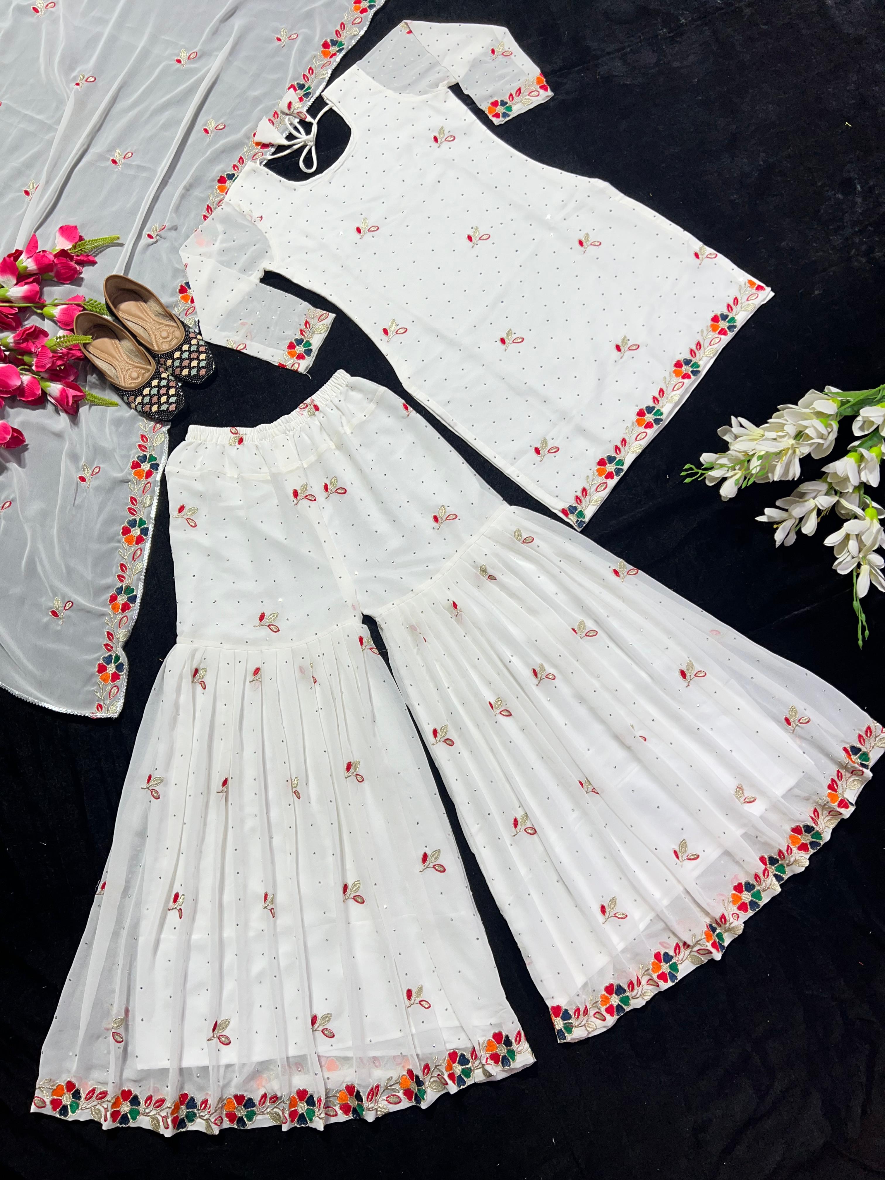 Opulent White Color Multi Embroidery Work Sharara Suit