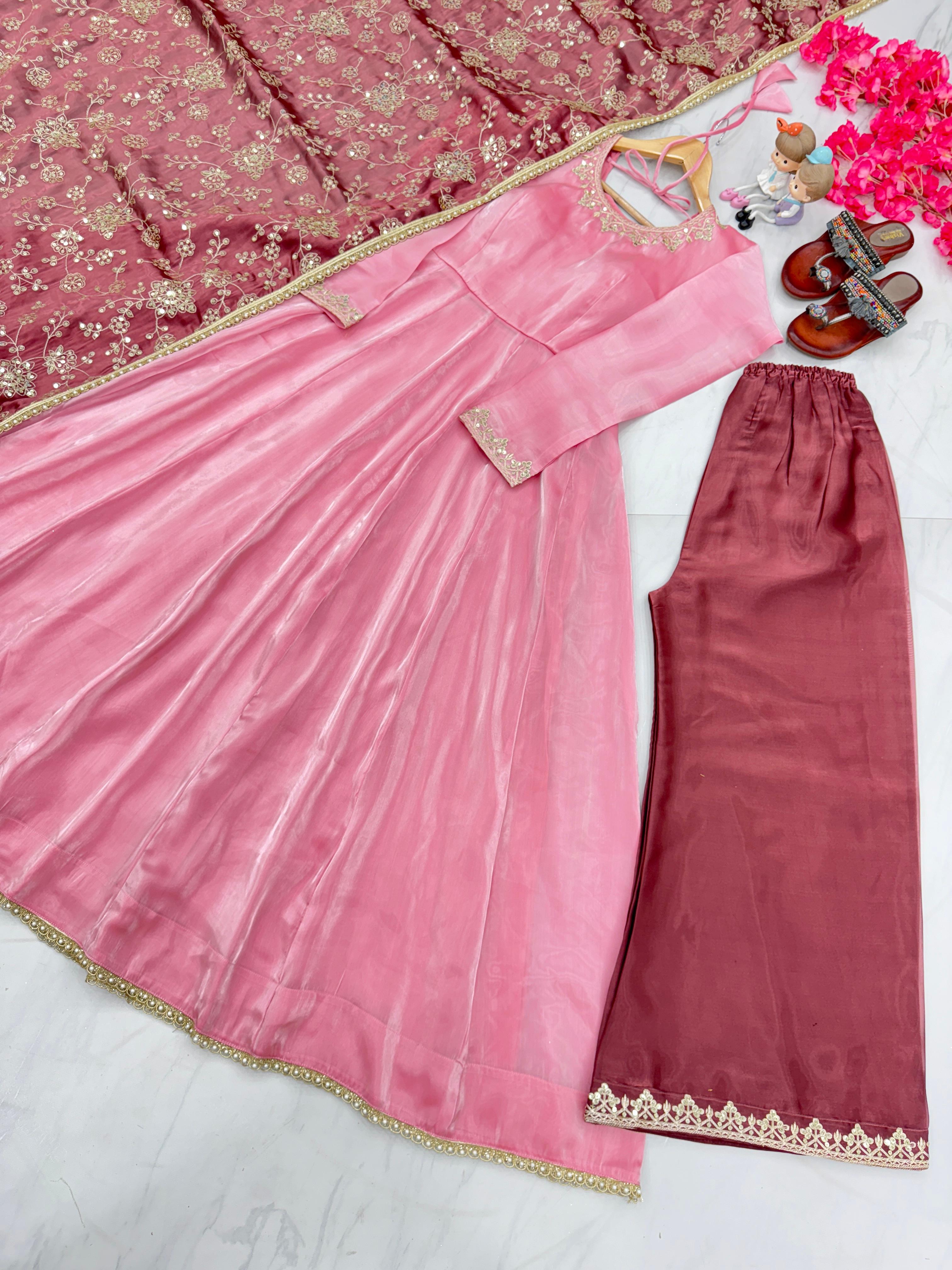 Trendy Light Pink  Anarkali Gown With Work Dupatta