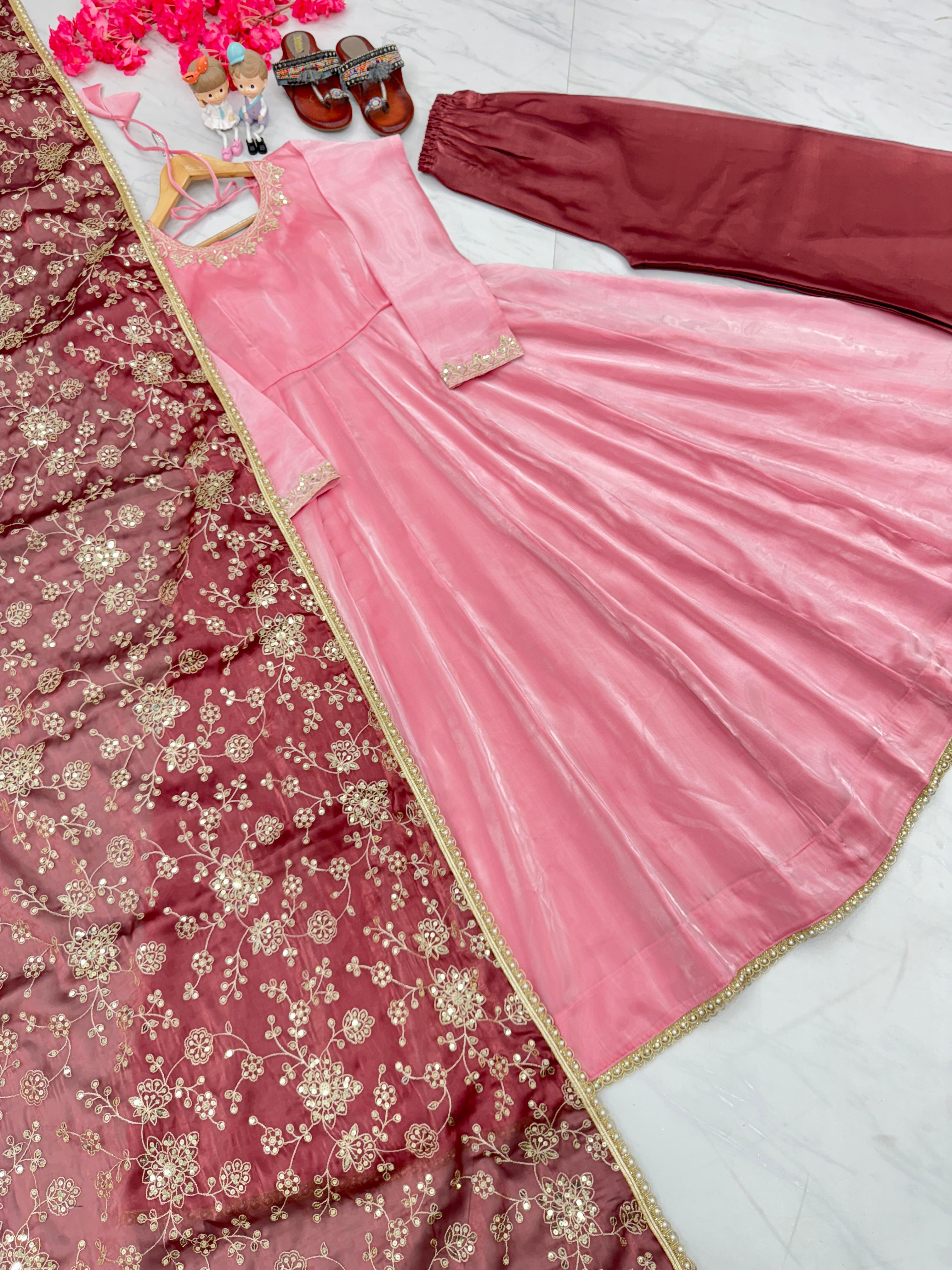 Trendy Light Pink  Anarkali Gown With Work Dupatta