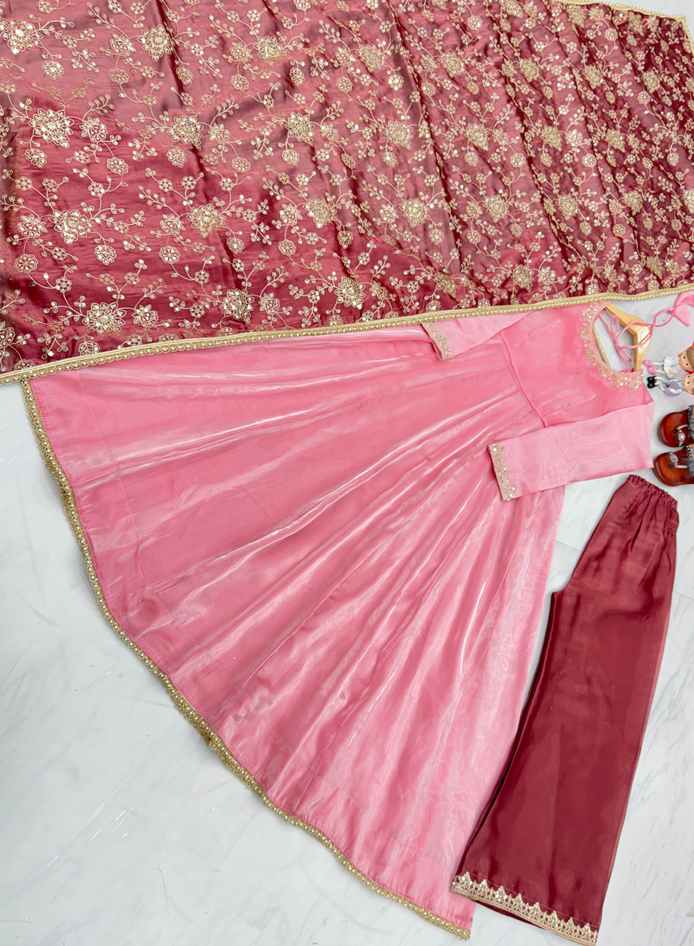 Trendy Light Pink  Anarkali Gown With Work Dupatta