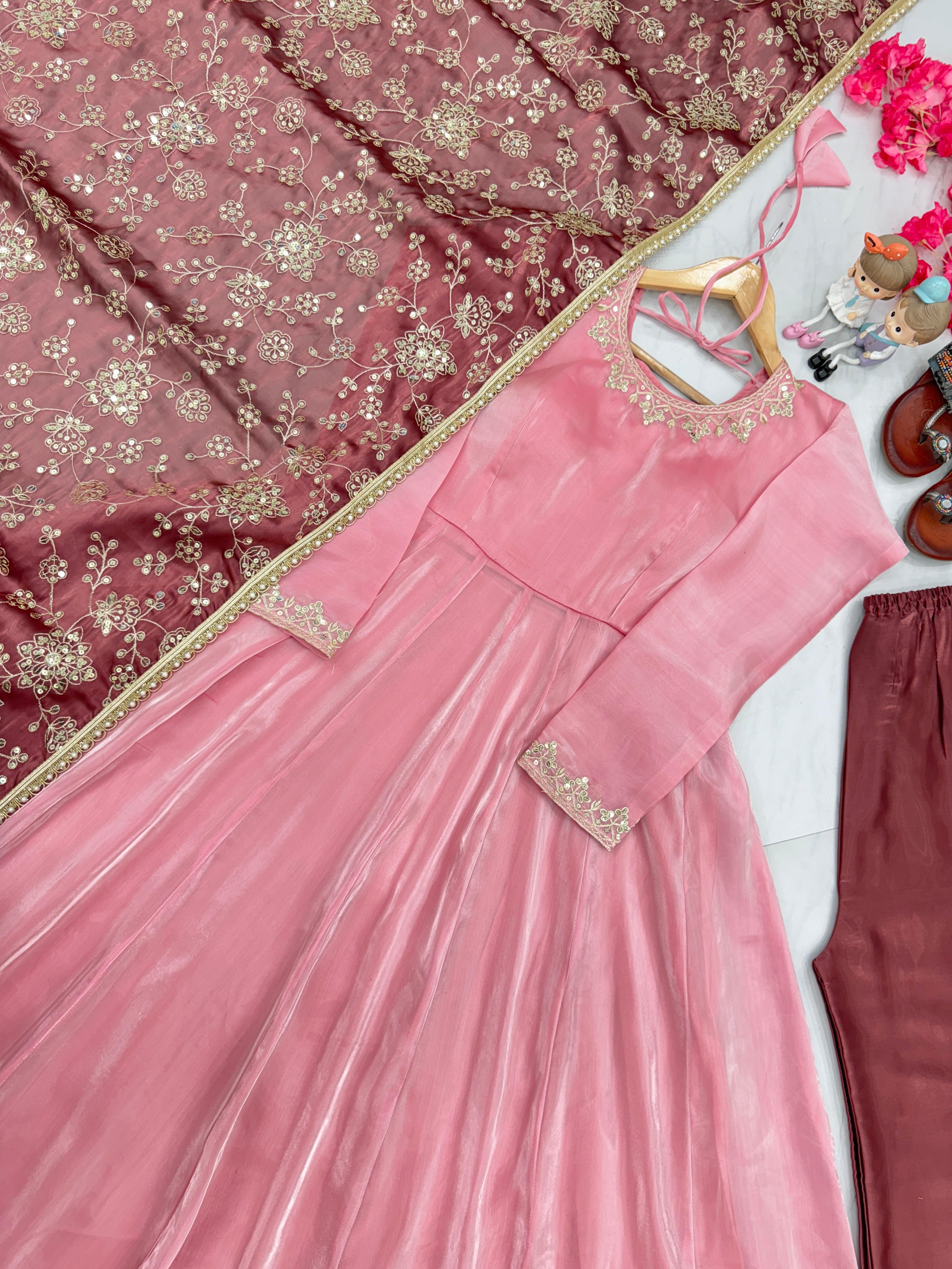 Trendy Light Pink  Anarkali Gown With Work Dupatta