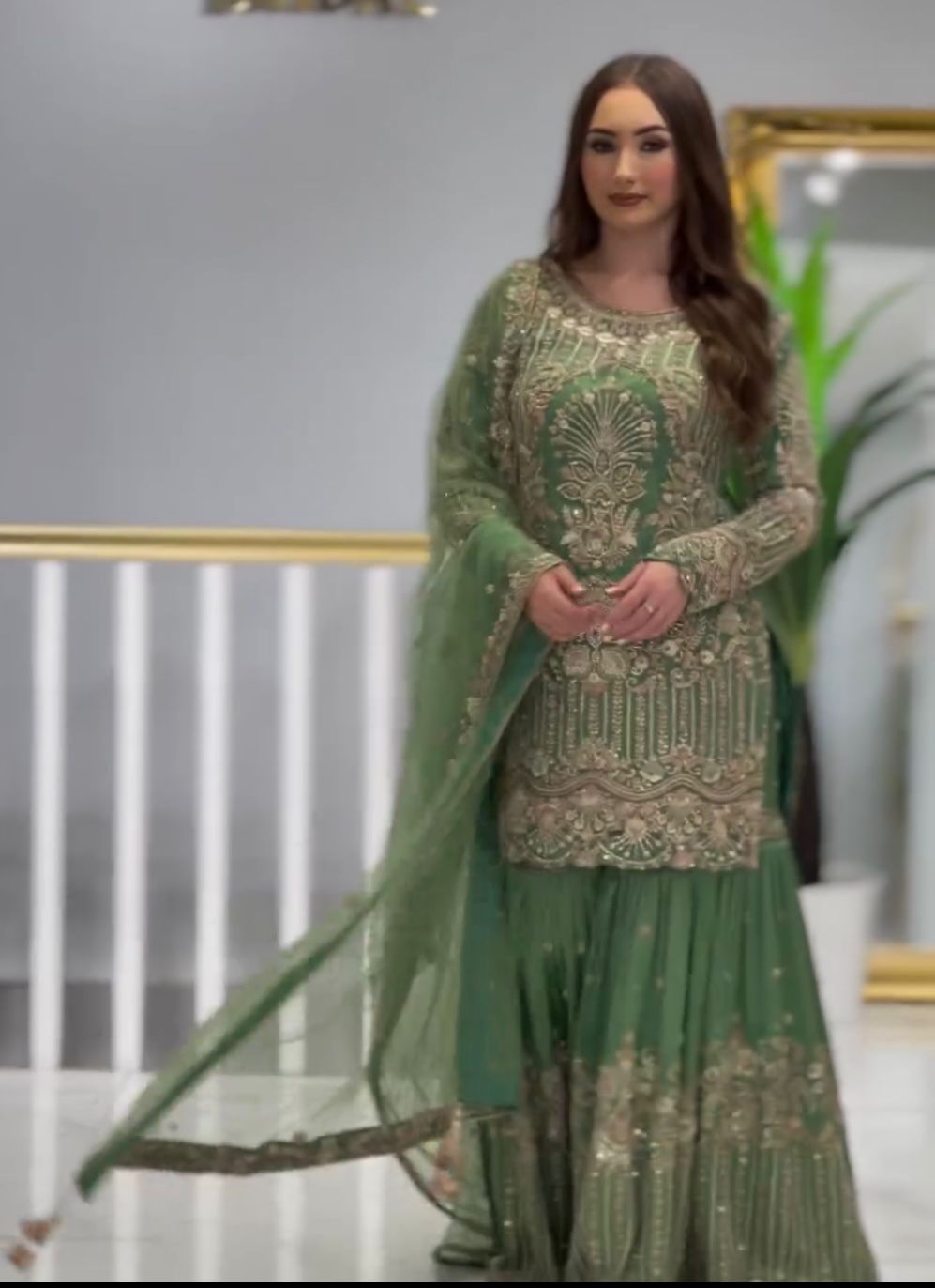 Alluring Green Color Embroidery Work Sharara Suit