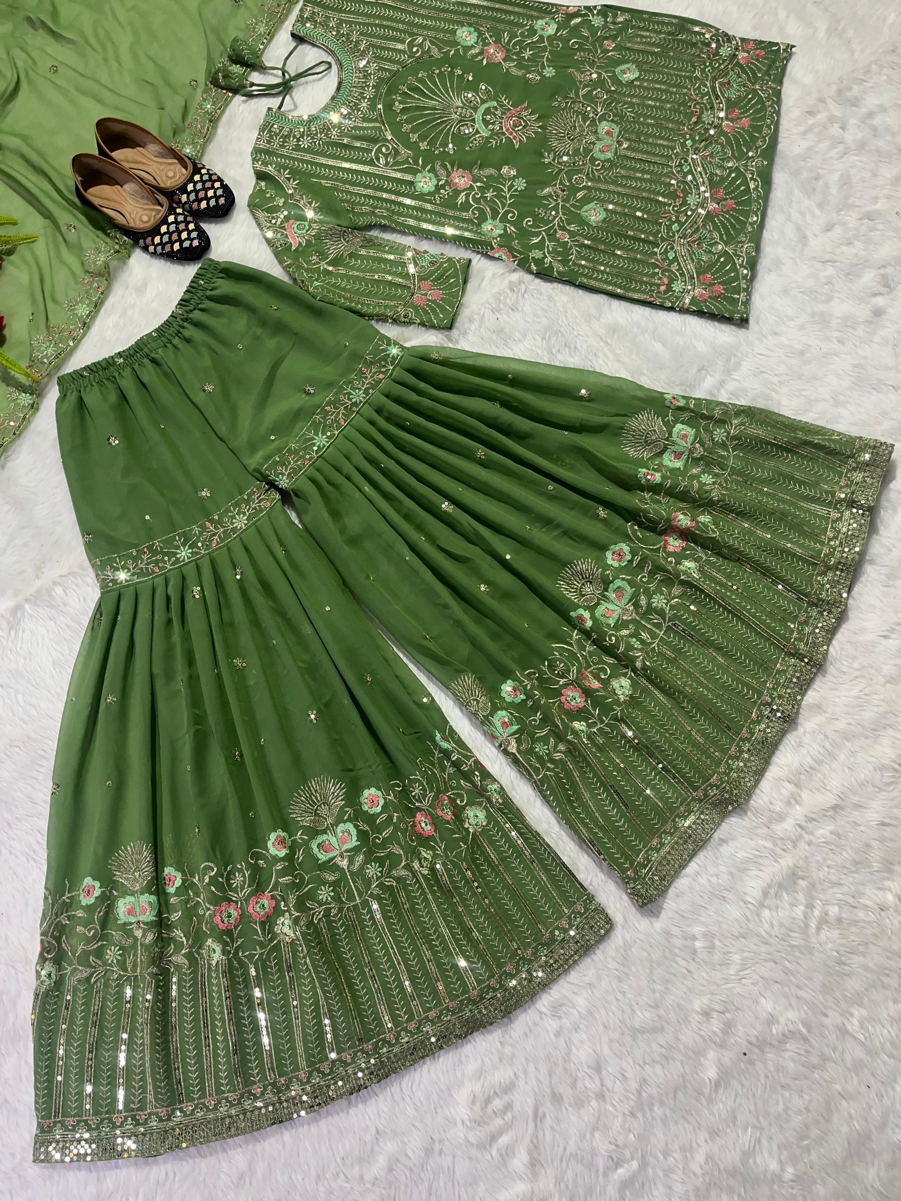 Alluring Green Color Embroidery Work Sharara Suit