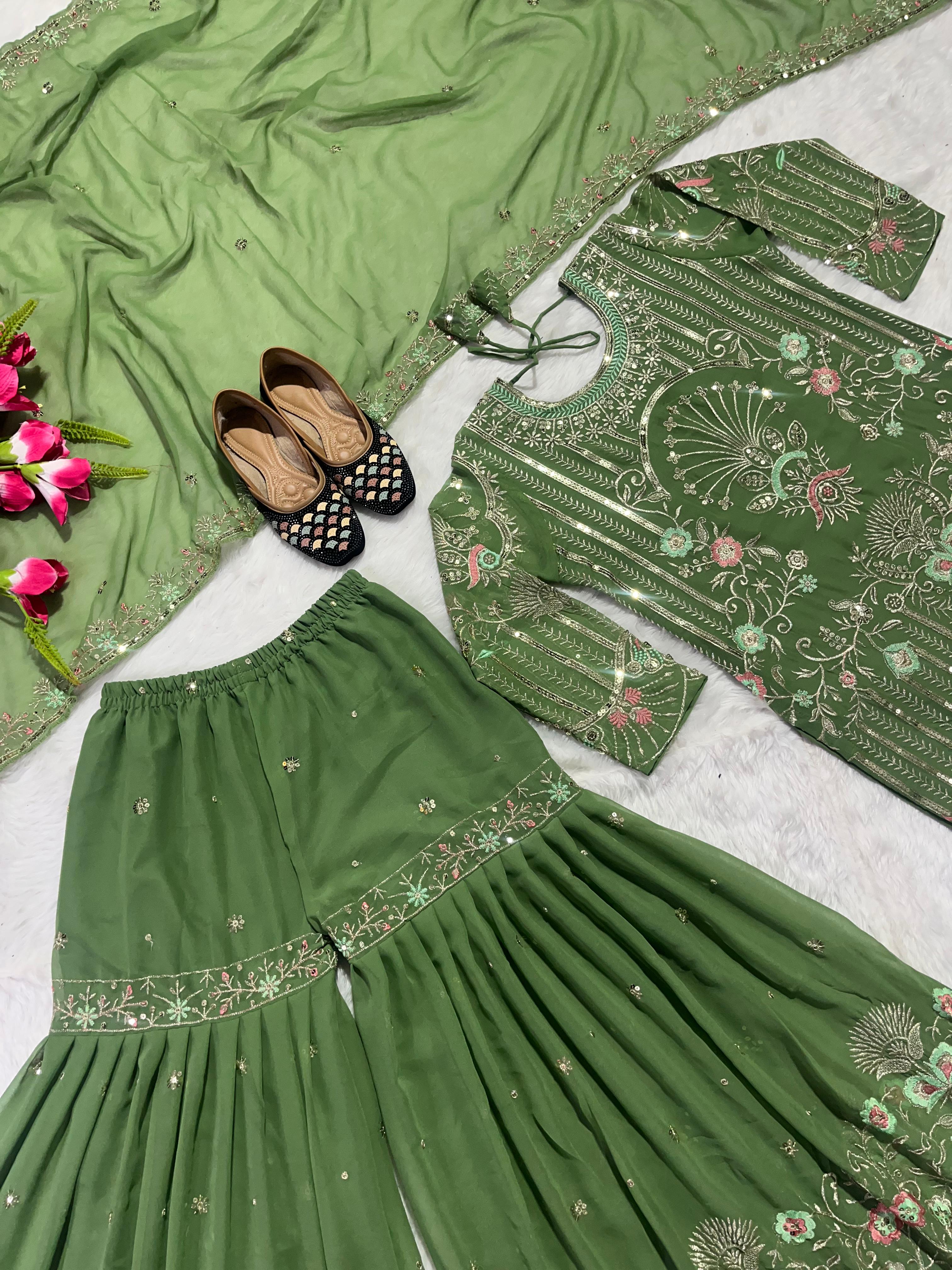 Alluring Green Color Embroidery Work Sharara Suit