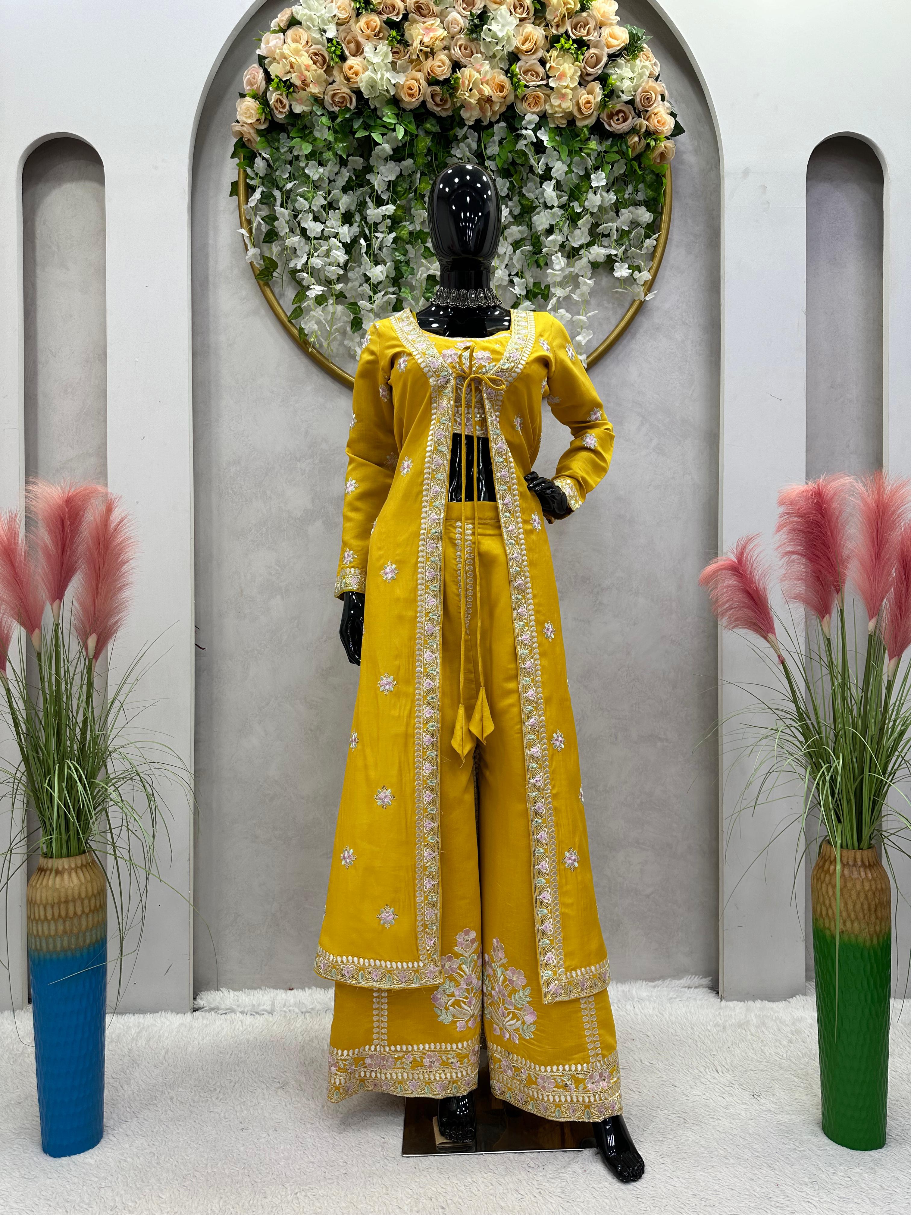 Thread Work Yellow Color Palazzo Set With Shrug