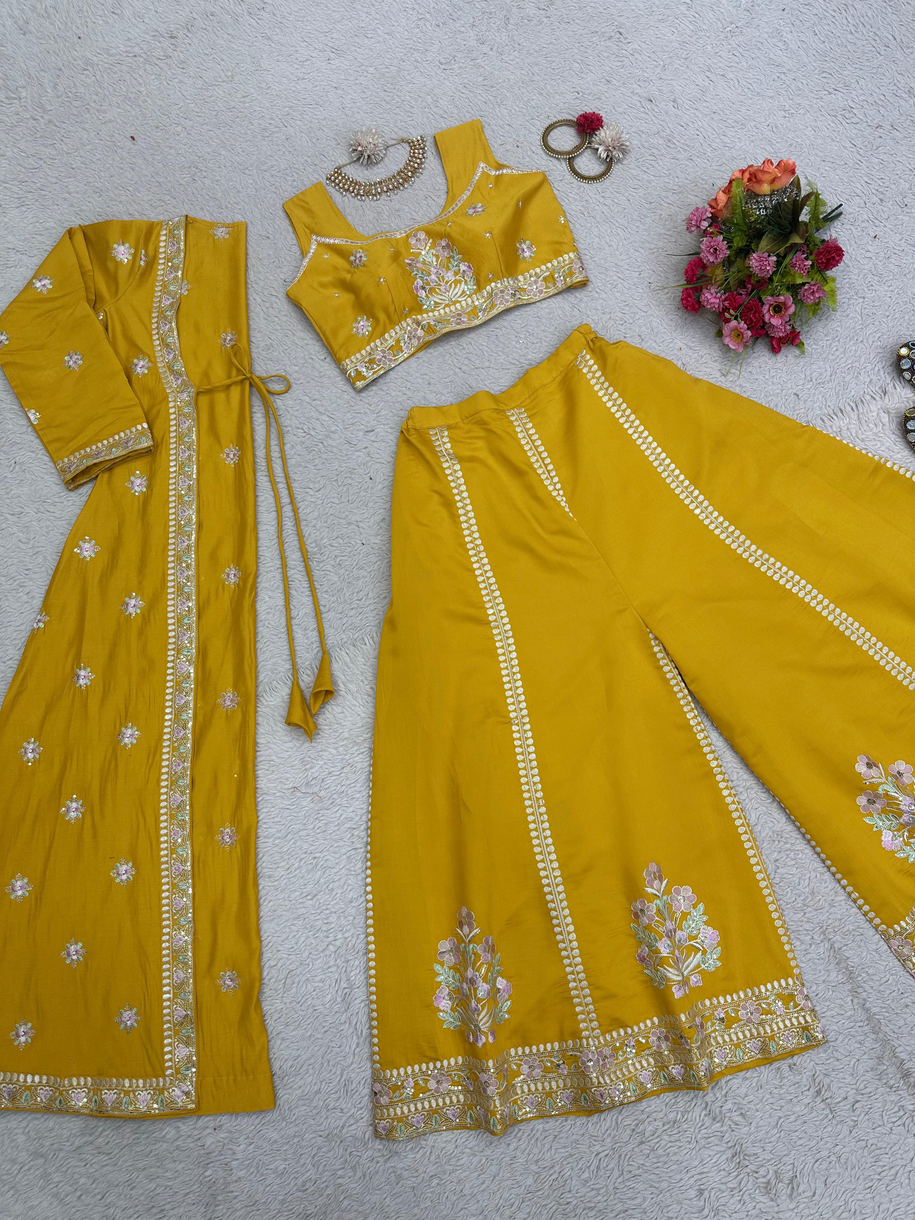 Thread Work Yellow Color Palazzo Set With Shrug