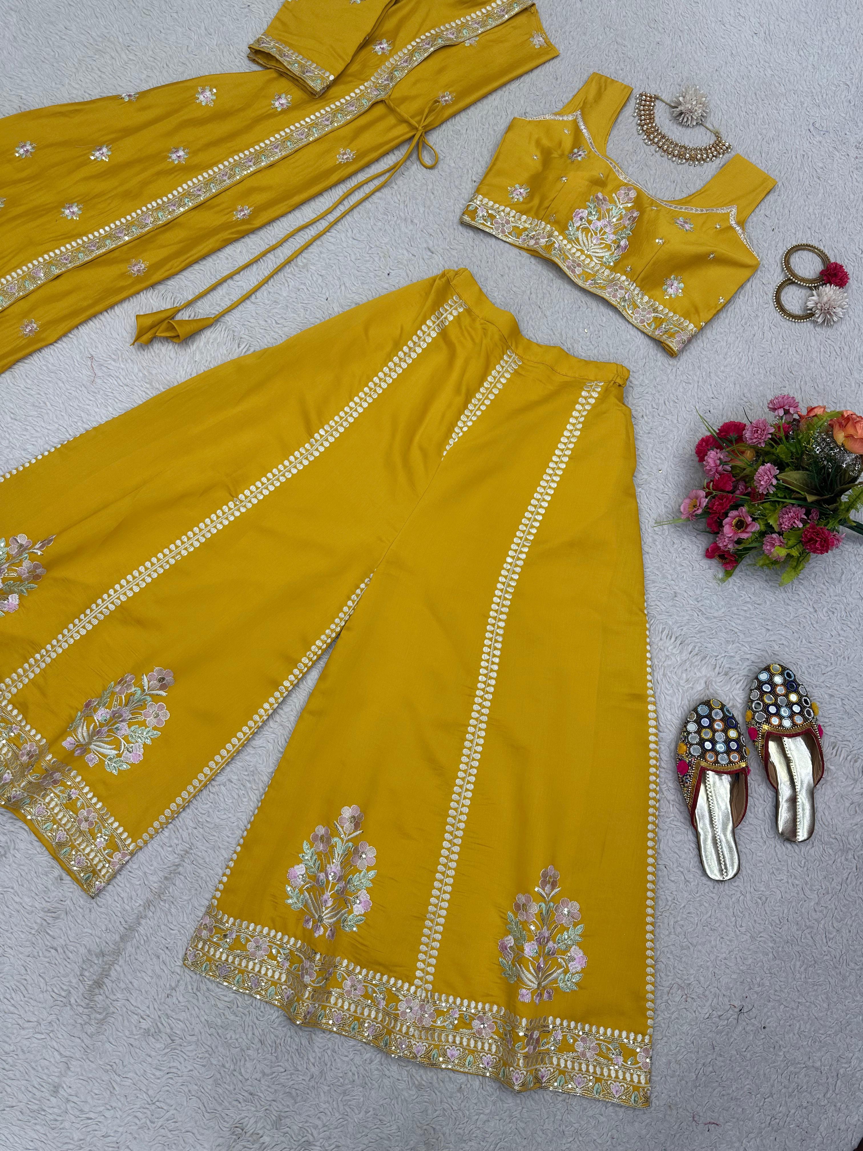 Thread Work Yellow Color Palazzo Set With Shrug