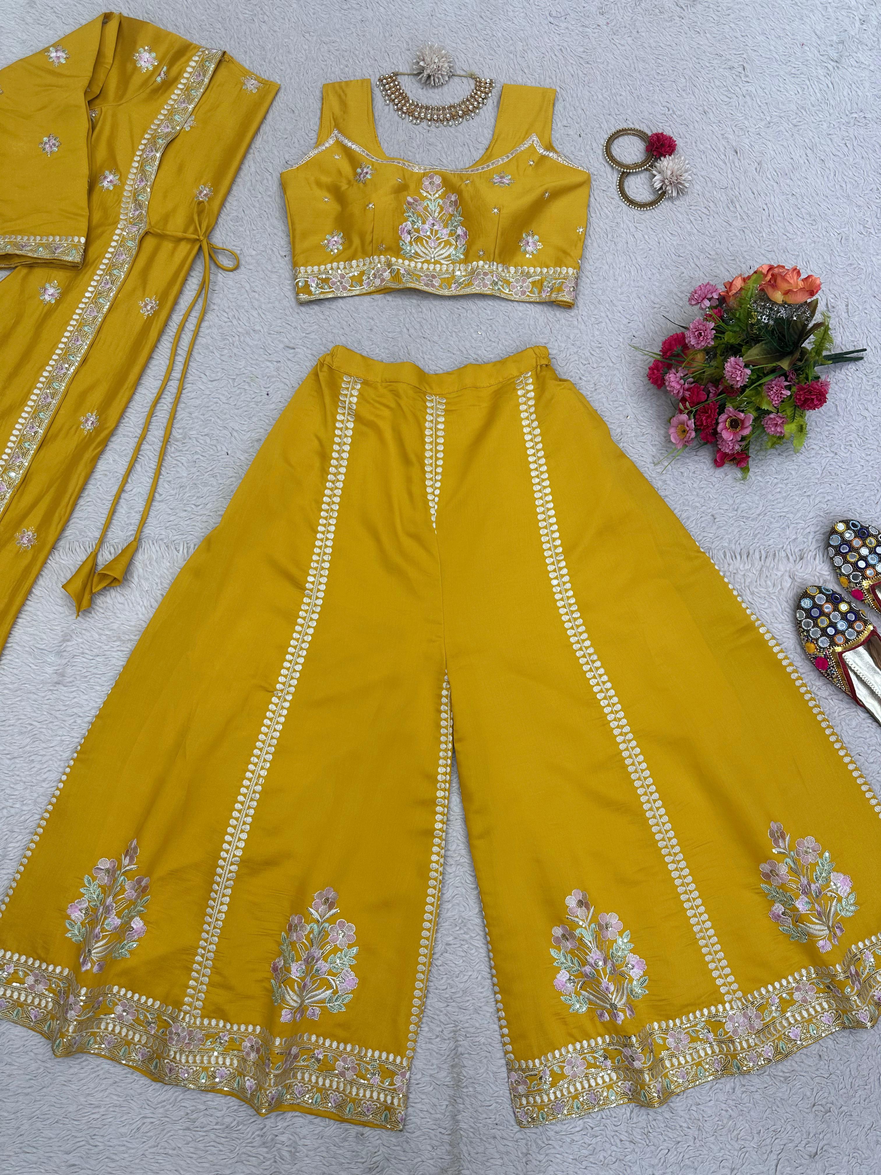 Thread Work Yellow Color Palazzo Set With Shrug