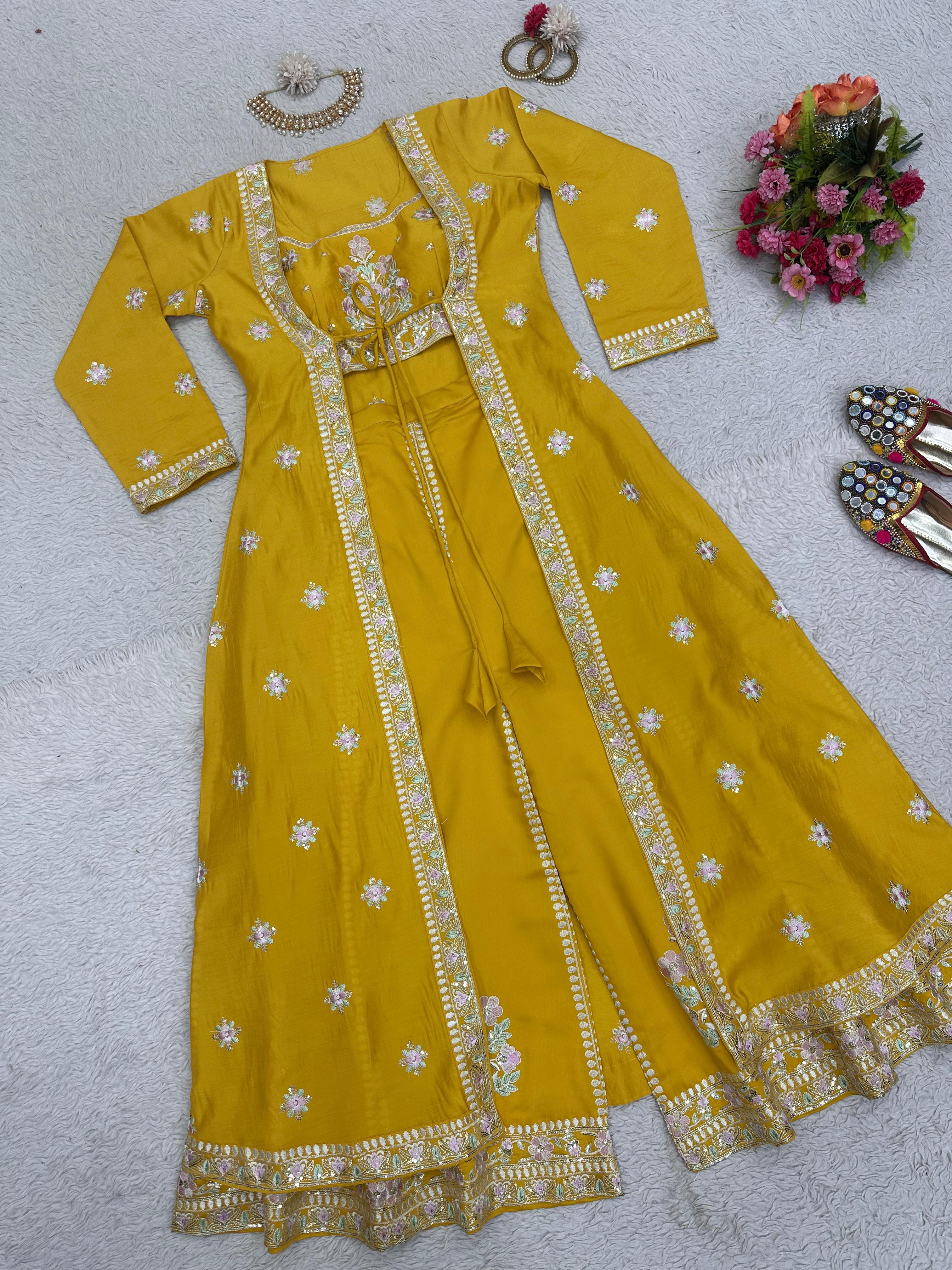 Thread Work Yellow Color Palazzo Set With Shrug