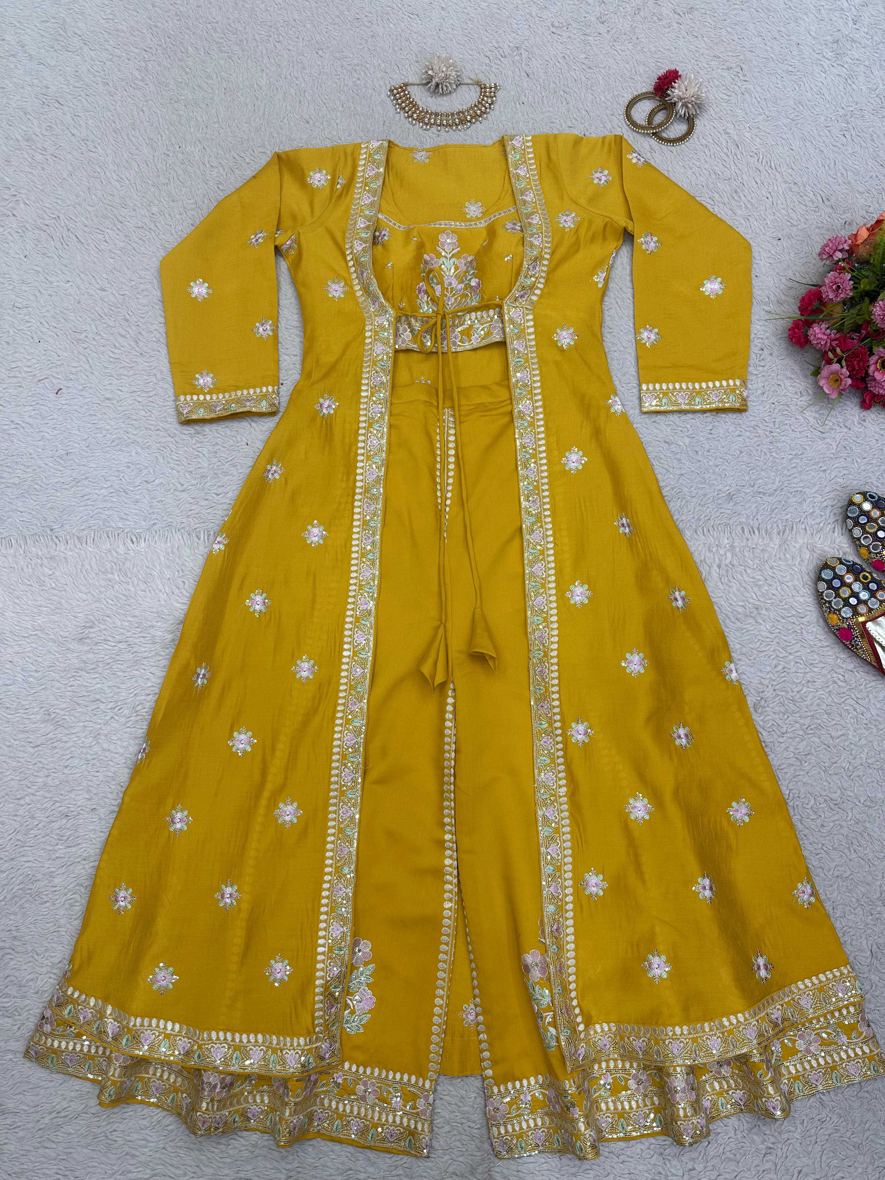 Thread Work Yellow Color Palazzo Set With Shrug