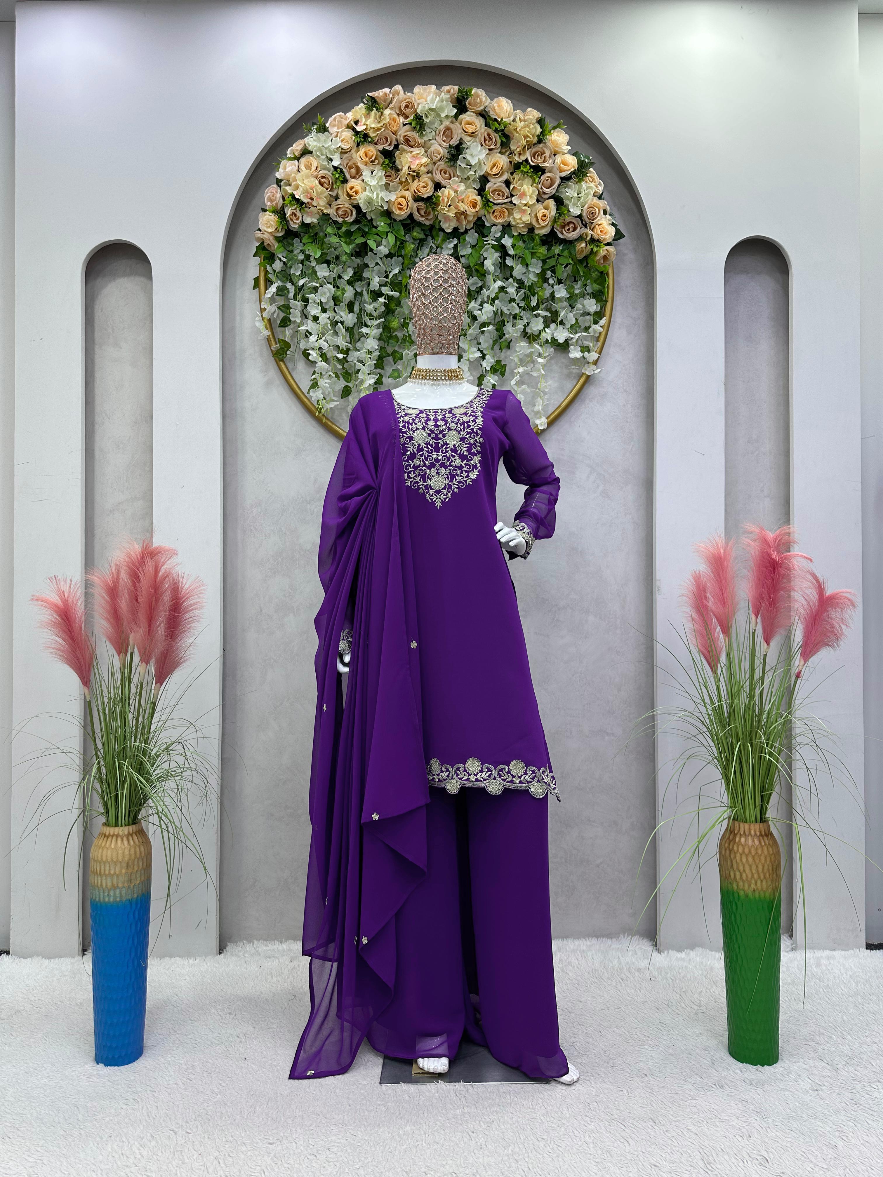 Fabulous Thread Work Purple Color Sharara Suit