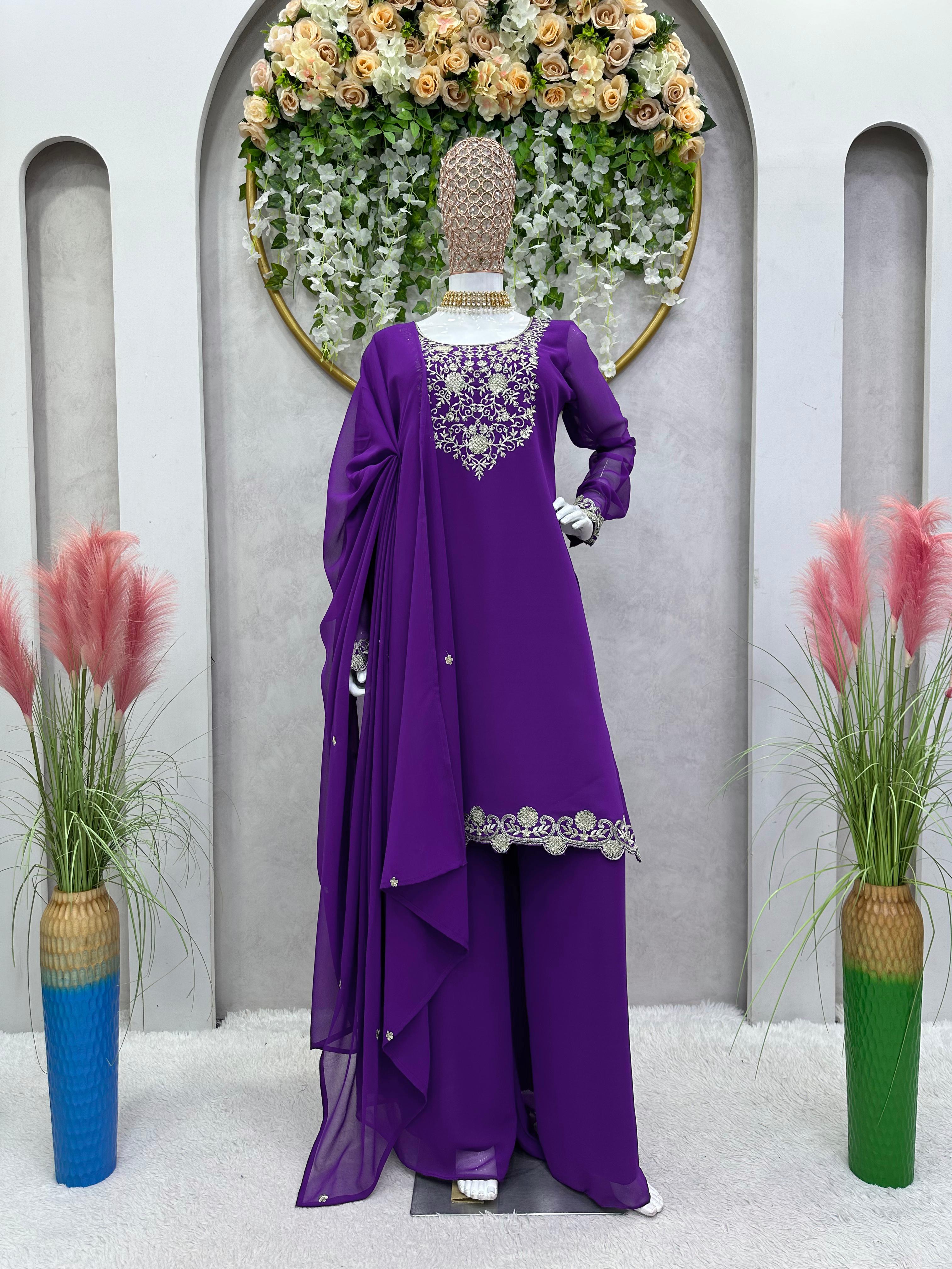 Fabulous Thread Work Purple Color Sharara Suit