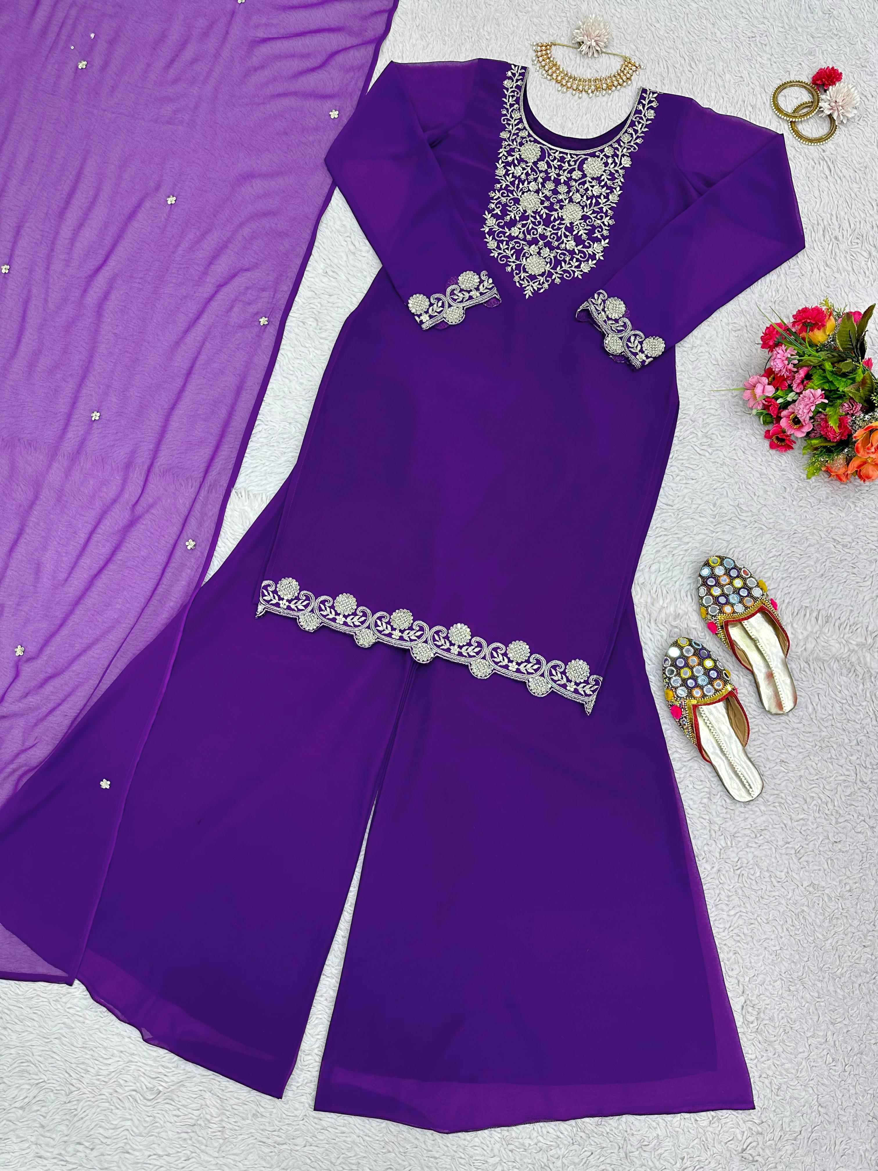 Fabulous Thread Work Purple Color Sharara Suit