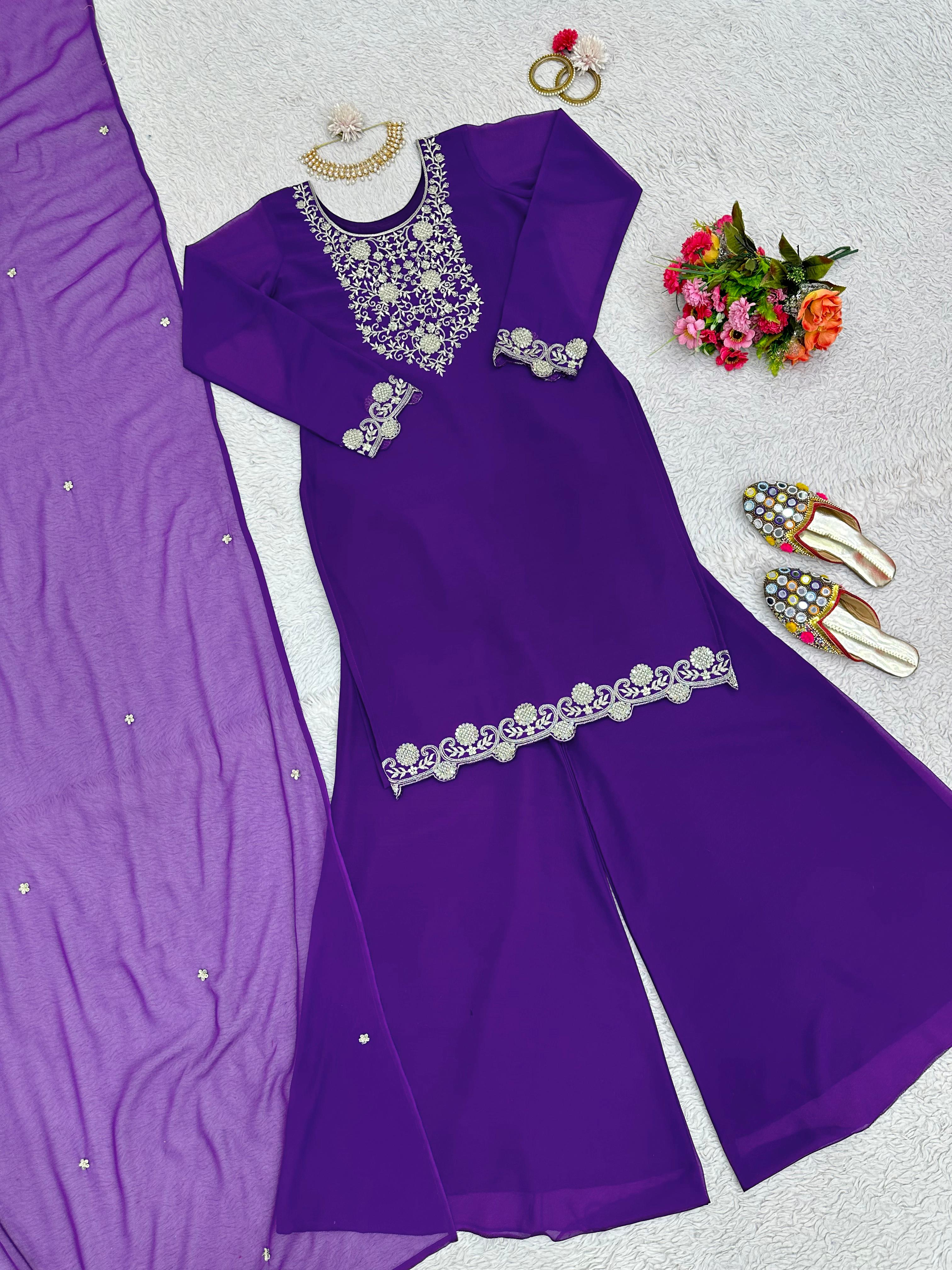 Fabulous Thread Work Purple Color Sharara Suit