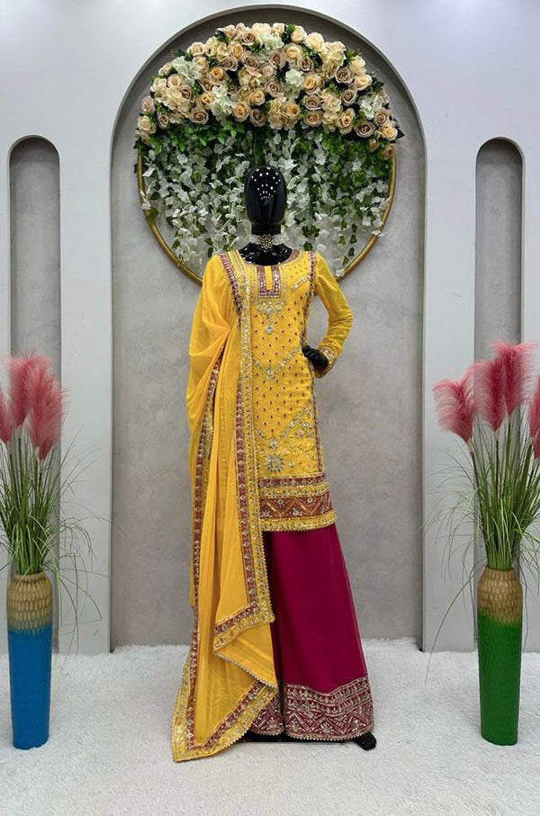 Marvelous Thread Work Yellow Sharara Suit