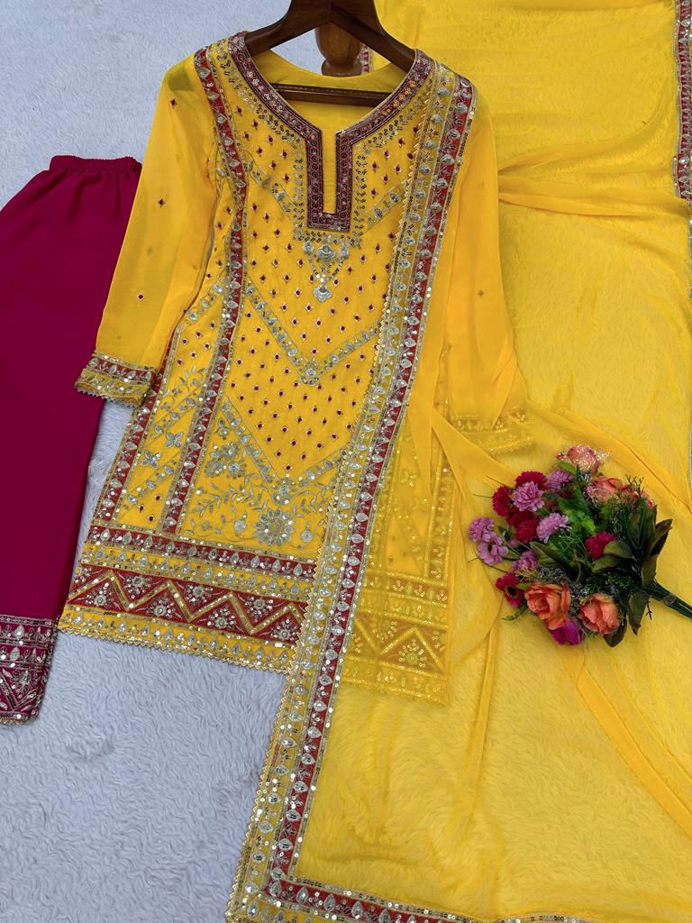 Marvelous Thread Work Yellow Sharara Suit