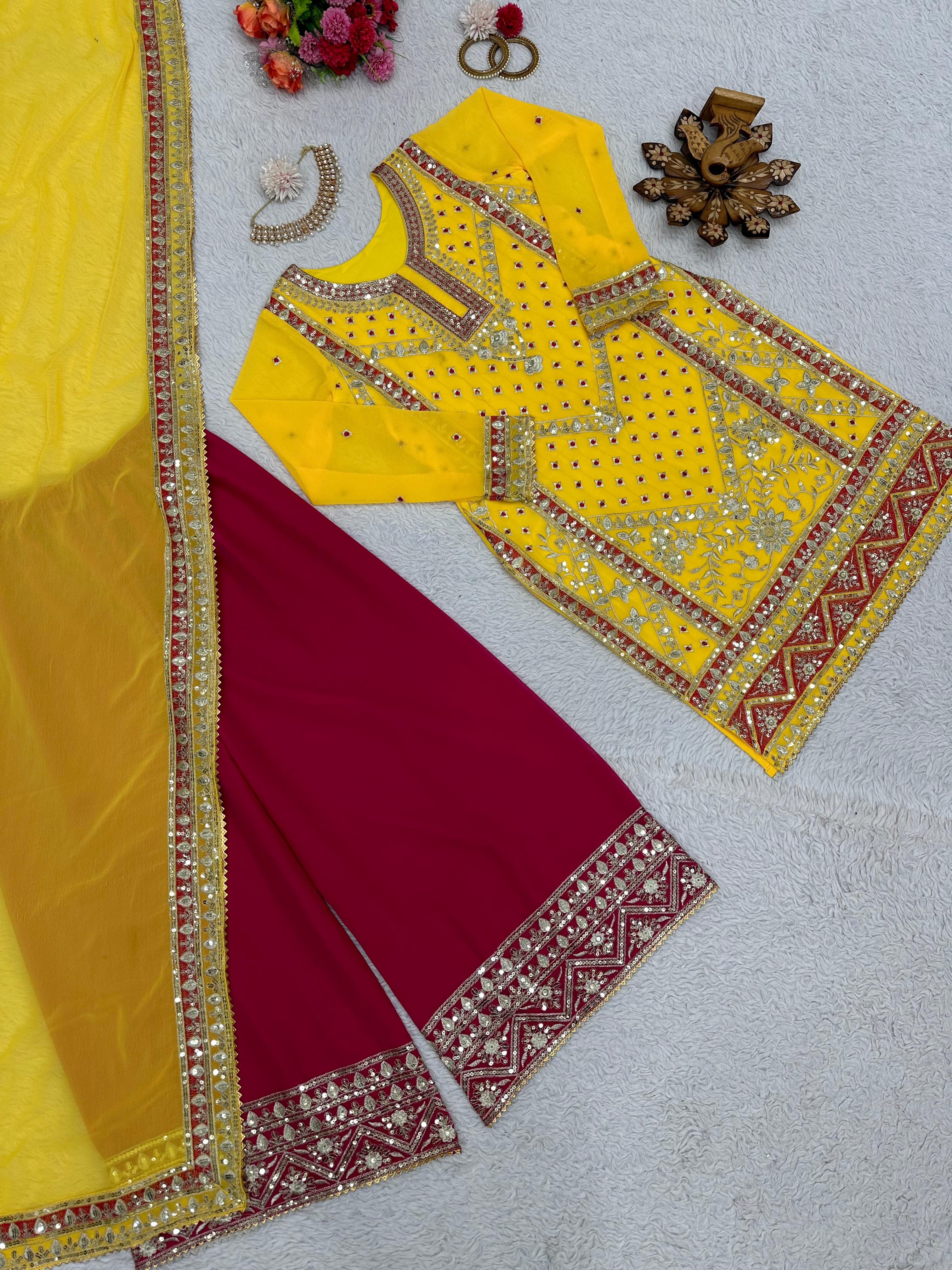 Marvelous Thread Work Yellow Sharara Suit