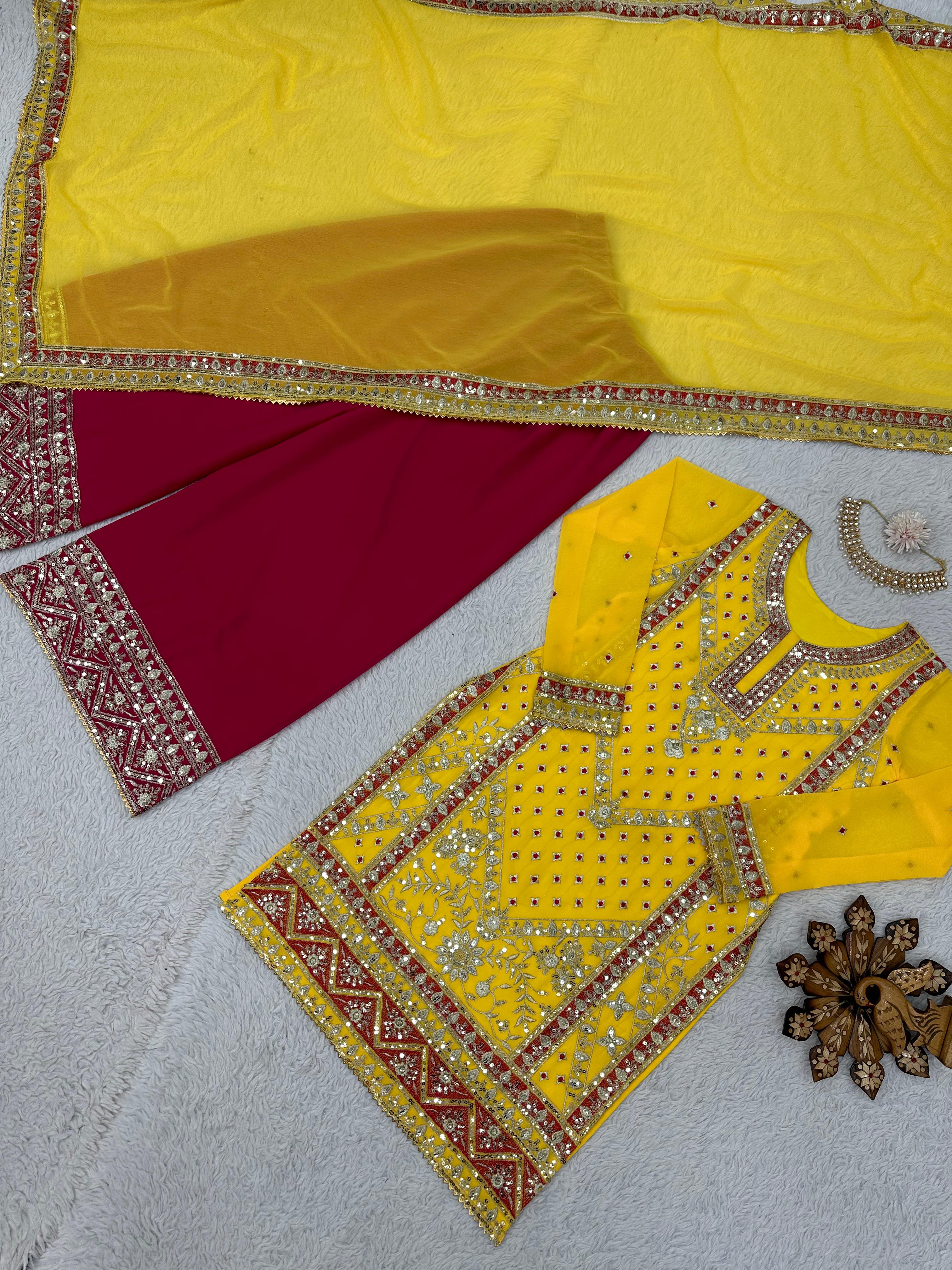 Marvelous Thread Work Yellow Sharara Suit