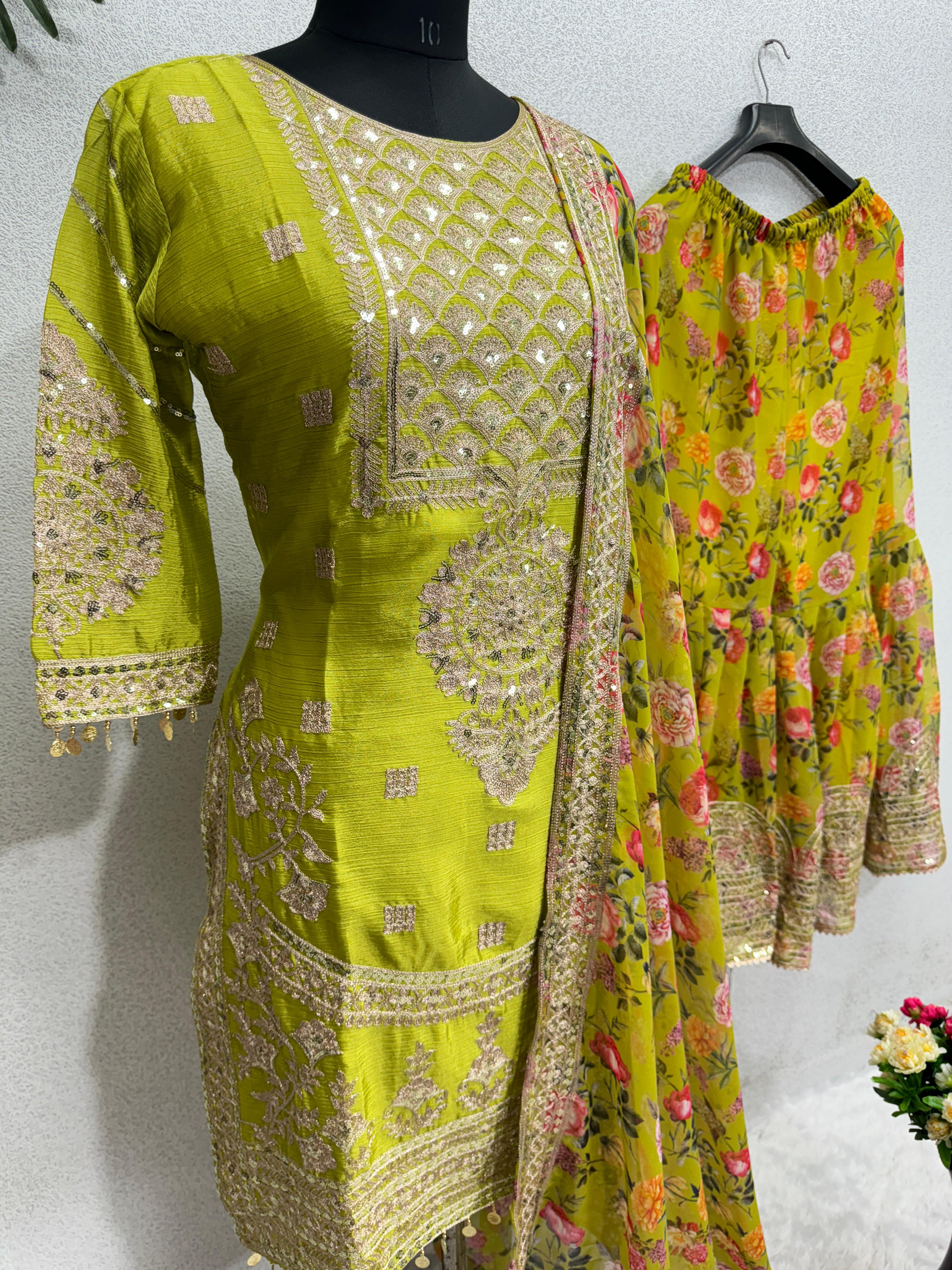 Exclusive Work Parrot Green Color Full Stitched Sharara Suit