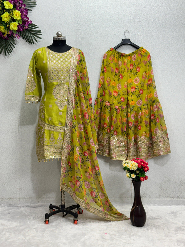 Exclusive Work Parrot Green Color Full Stitched Sharara Suit