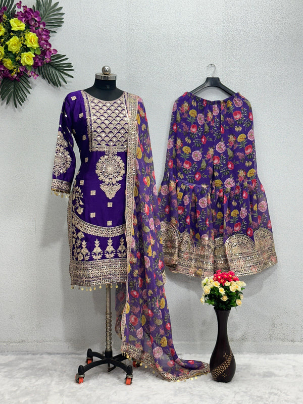 Exclusive Work Purple Color Full Stitched Sharara Suit