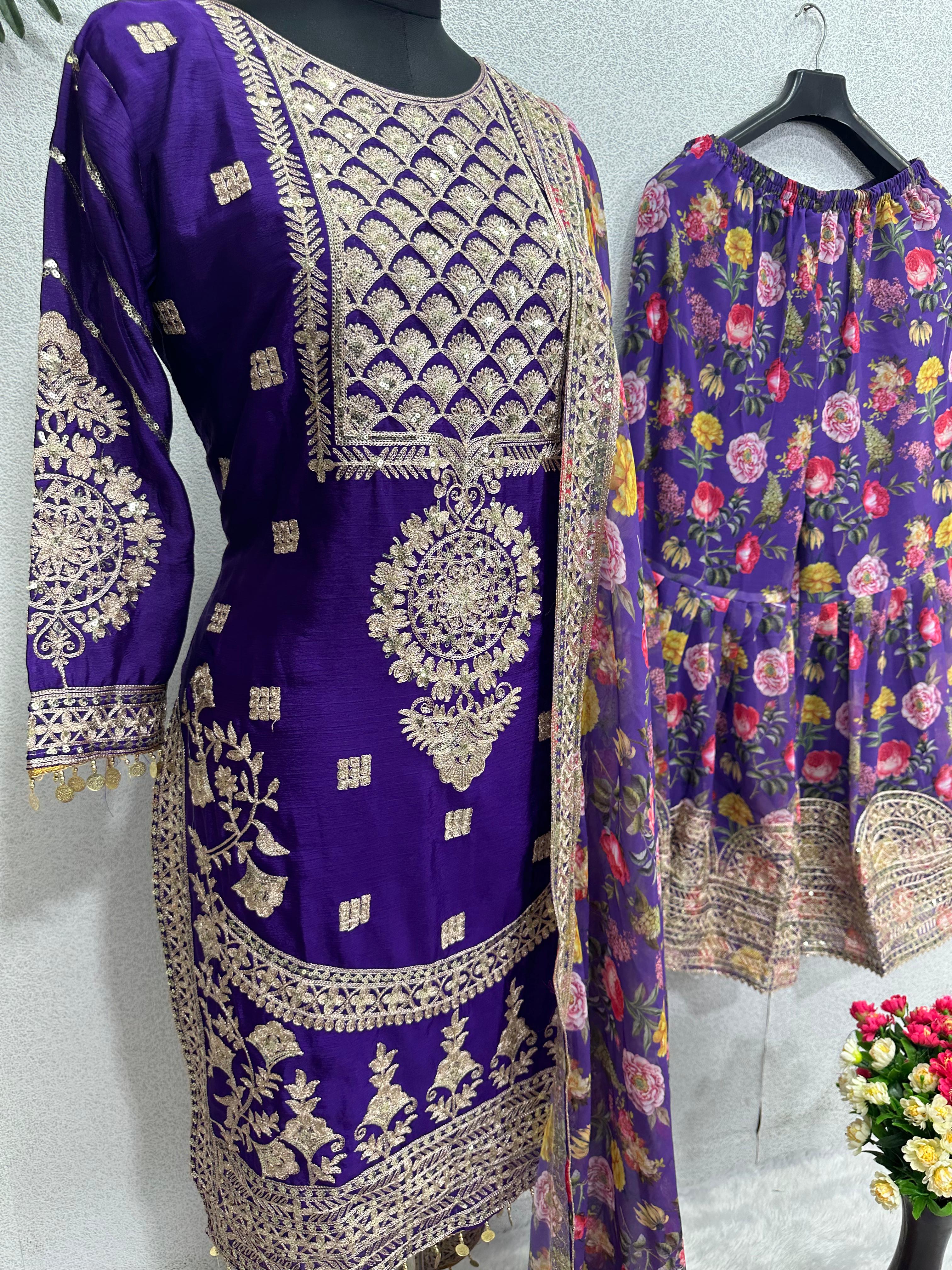 Exclusive Work Purple Color Full Stitched Sharara Suit