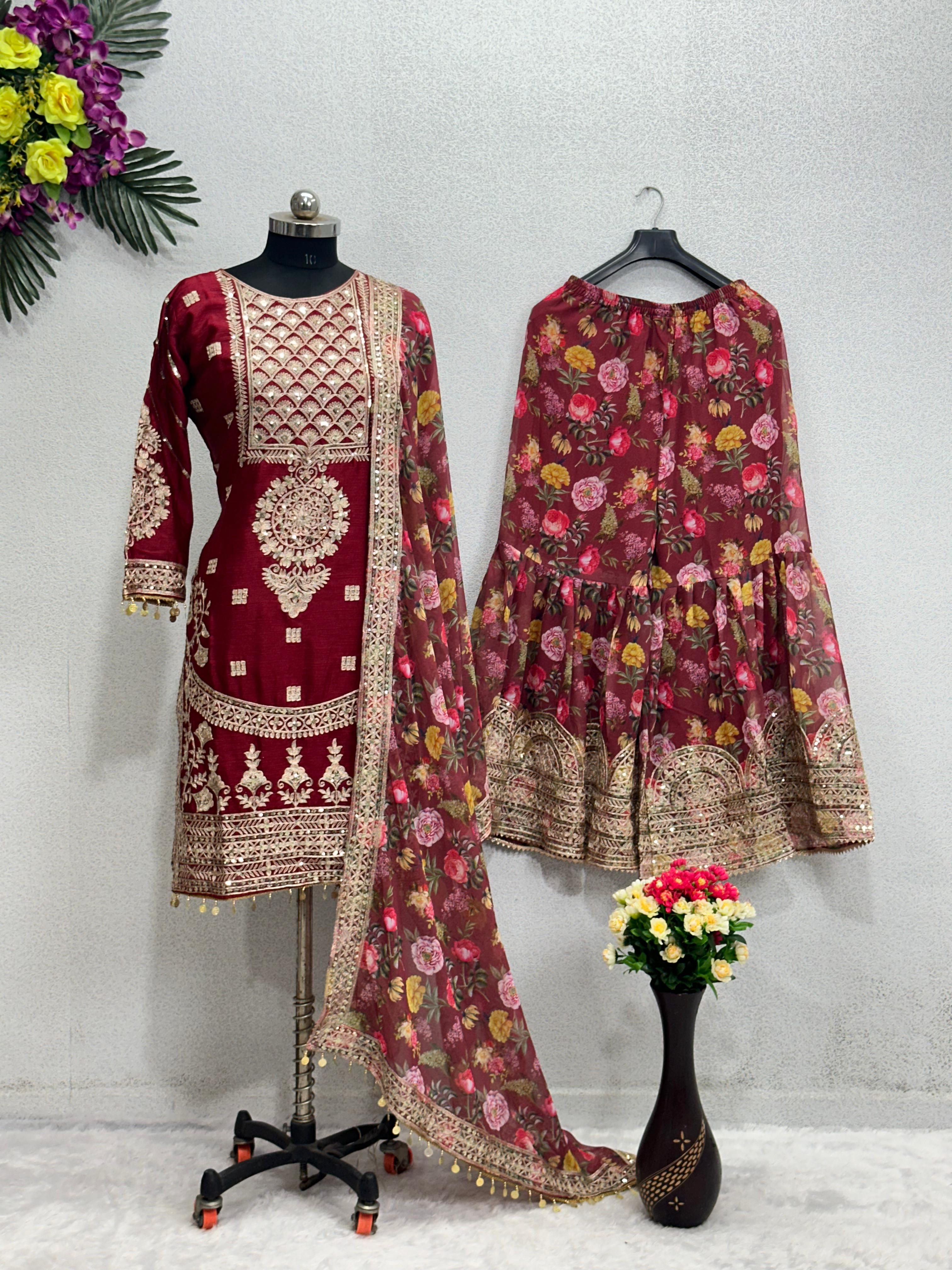 Exclusive Work Maroon Color Full Stitched Sharara Suit