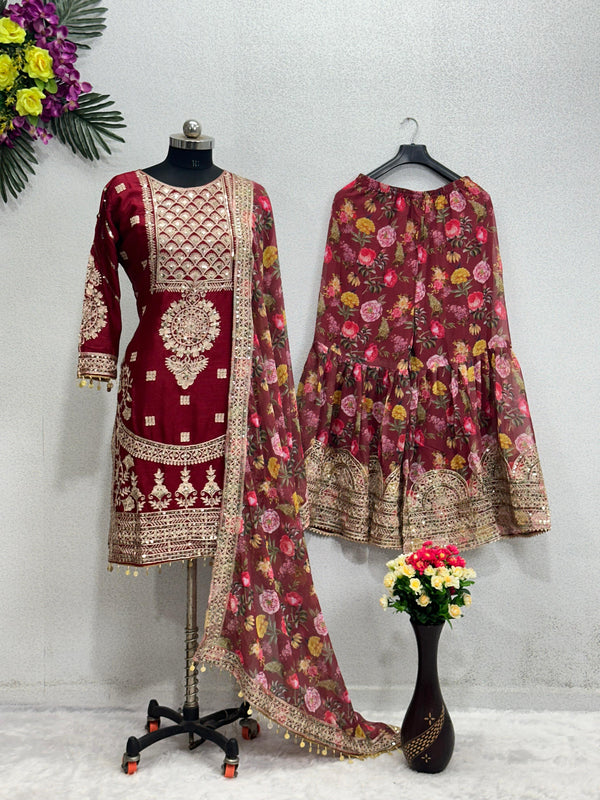 Exclusive Work Maroon Color Full Stitched Sharara Suit