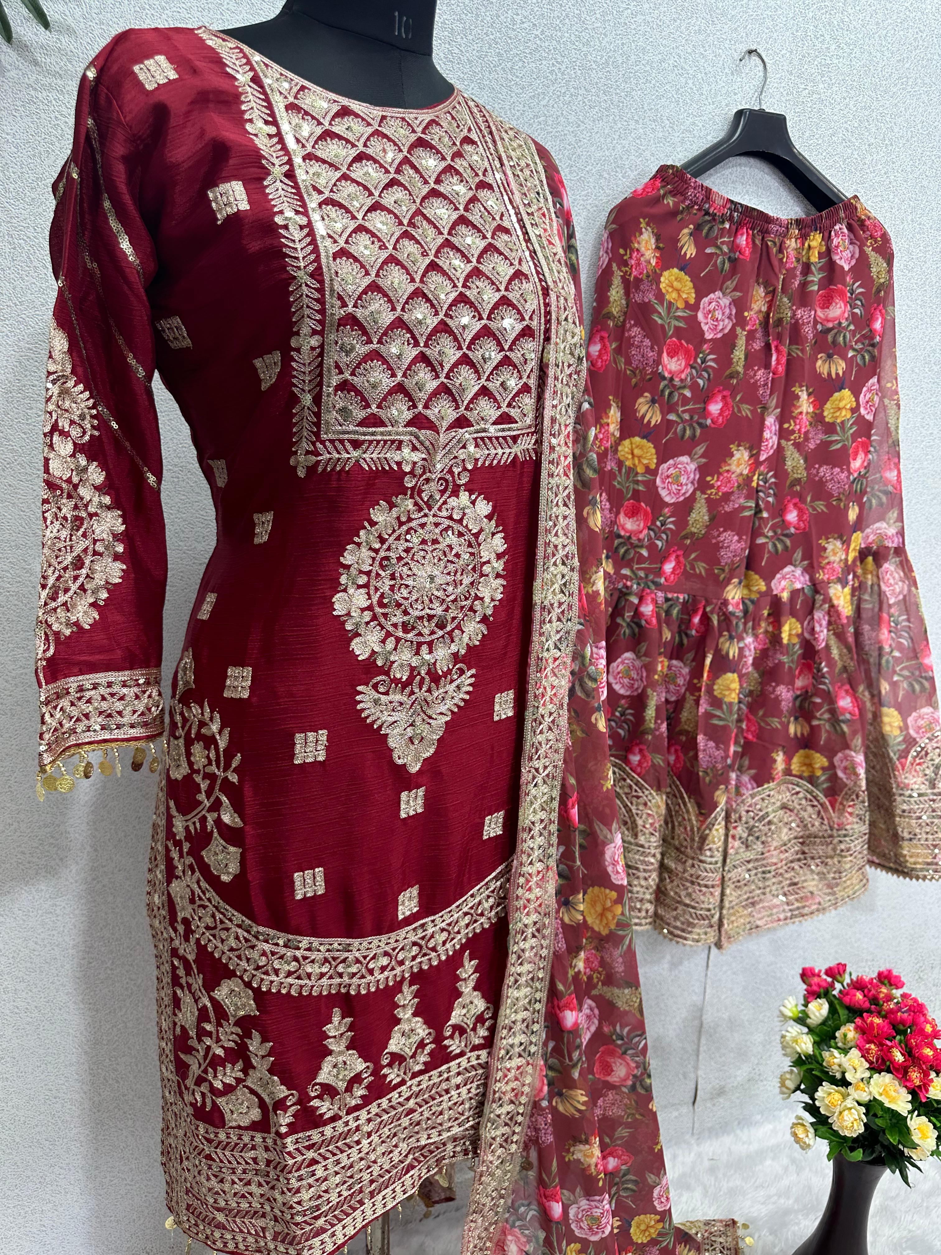 Exclusive Work Maroon Color Full Stitched Sharara Suit