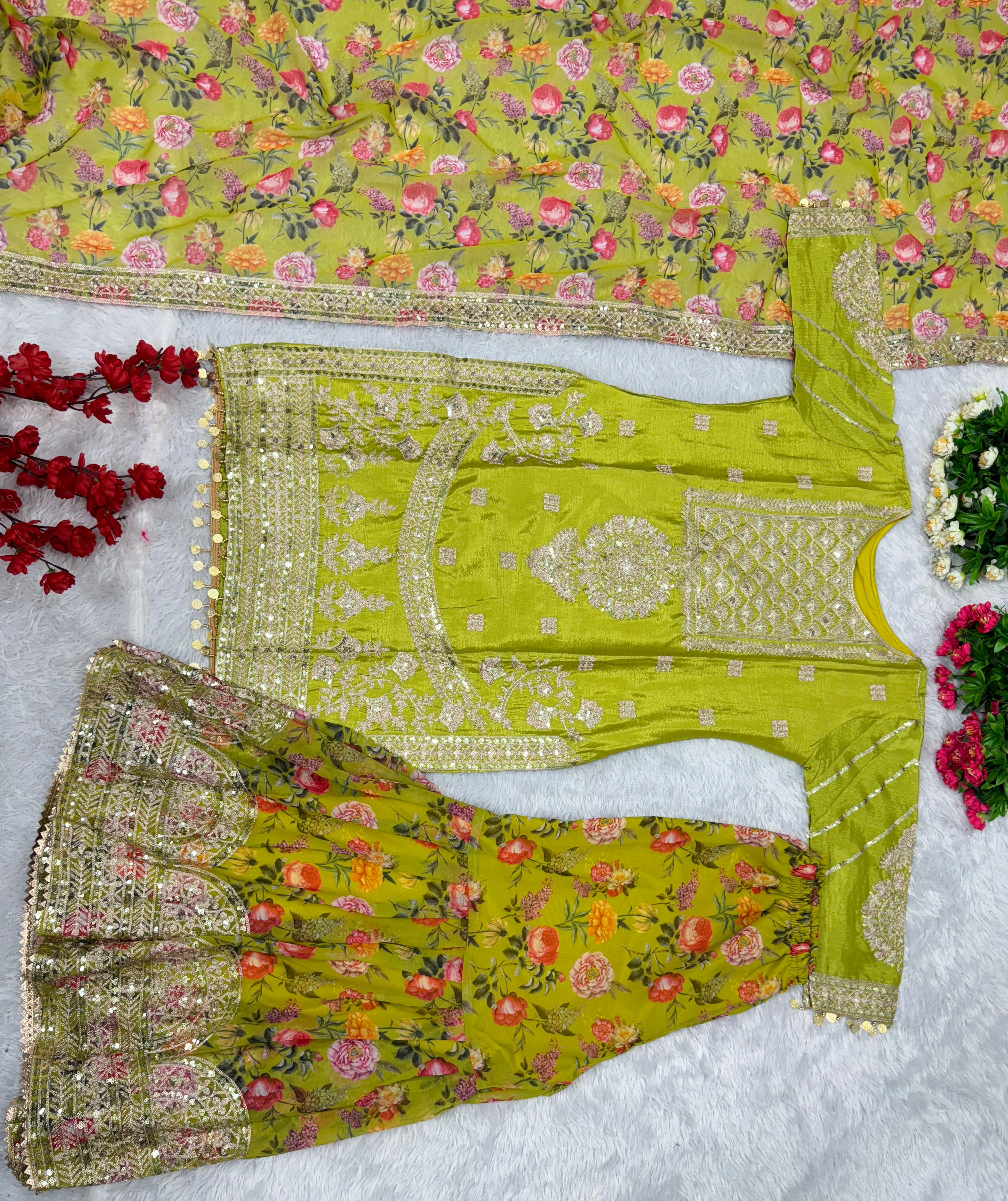 Exclusive Work Parrot Green Color Full Stitched Sharara Suit