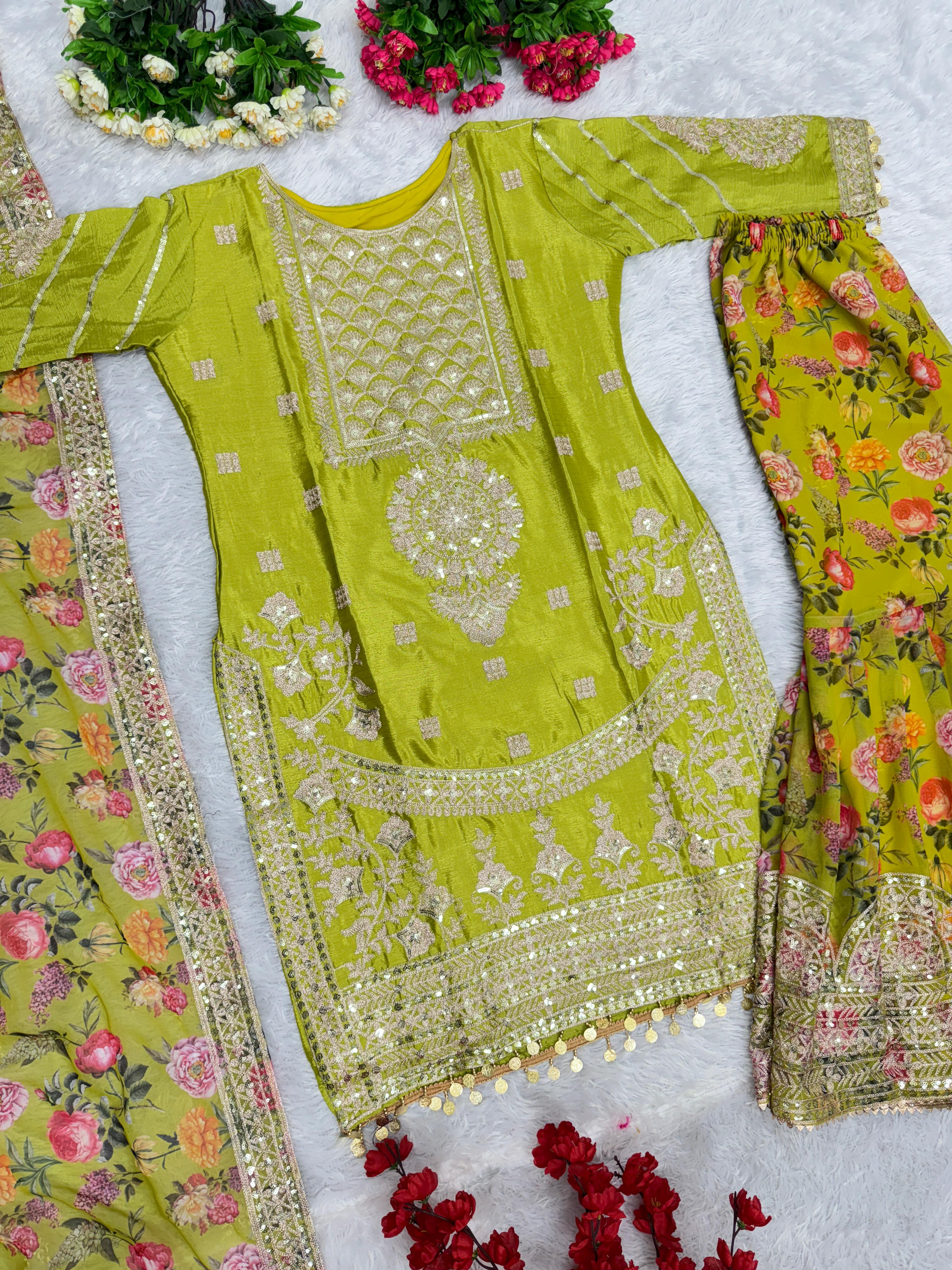 Exclusive Work Parrot Green Color Full Stitched Sharara Suit