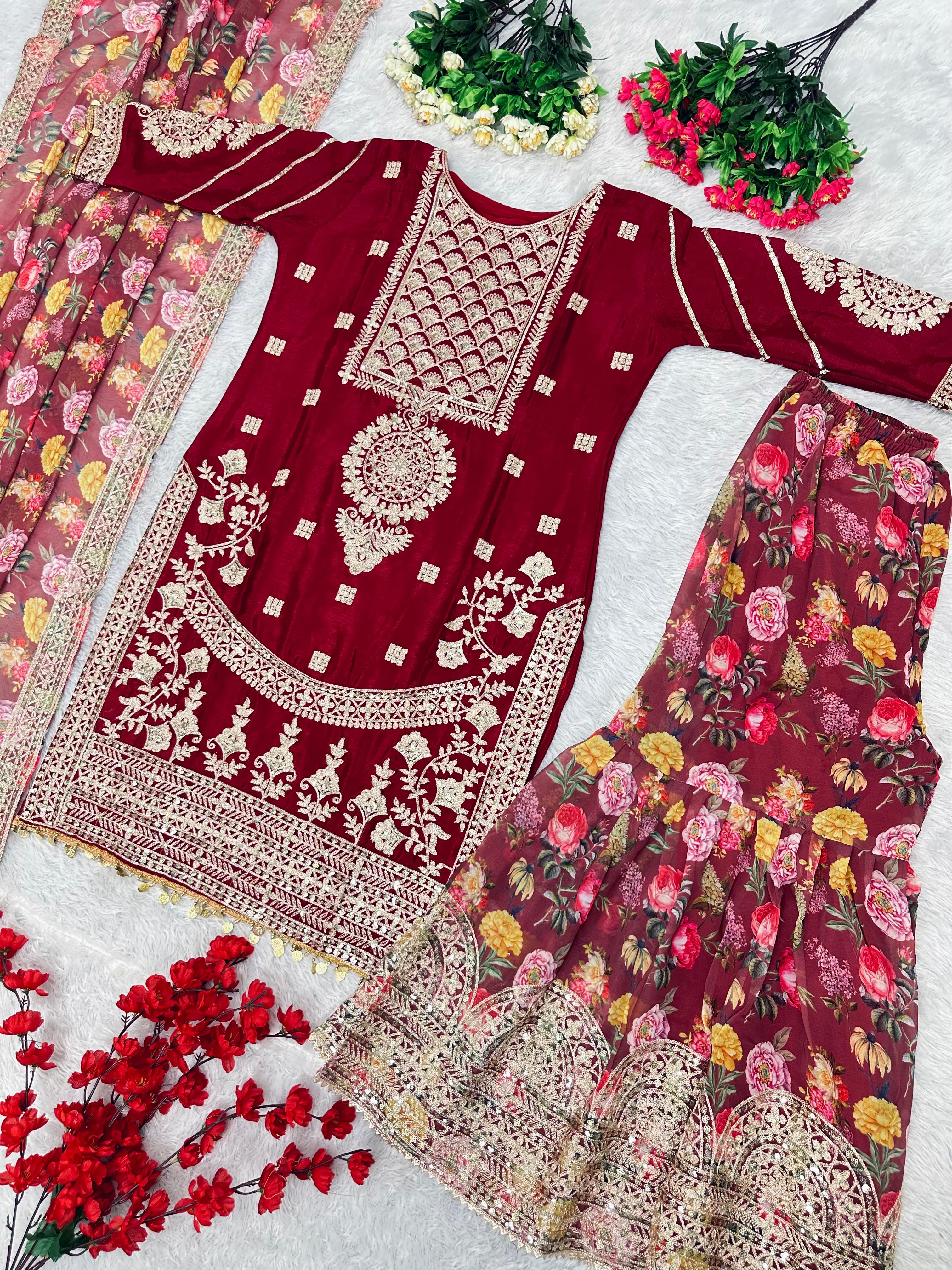 Exclusive Work Maroon Color Full Stitched Sharara Suit